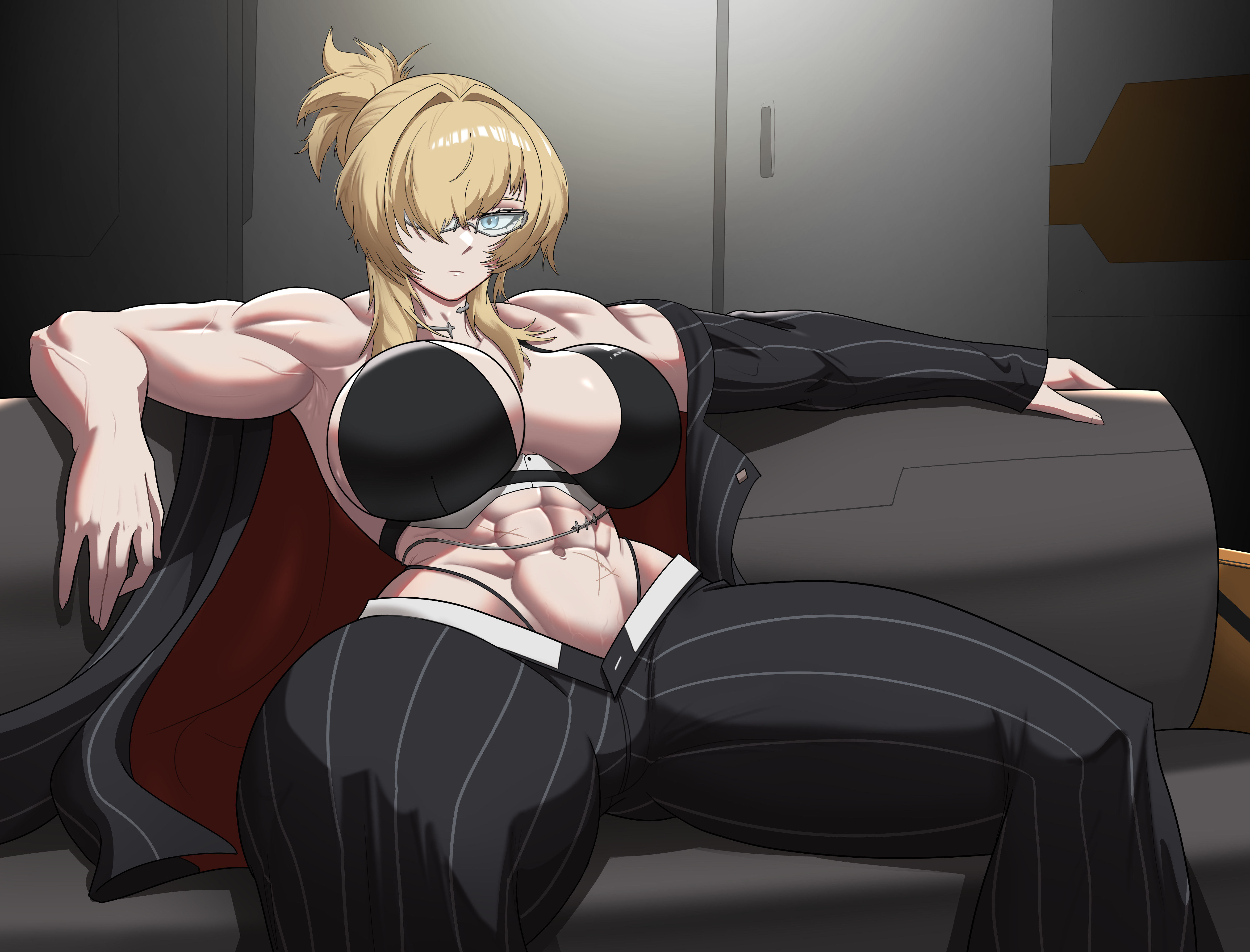 balgart, grave (beautiful you) (nikke), grave (nikke), goddess of victory: nikke, absurdres, highres, 1girl, abs, breasts, choker, cross, cross choker, formal clothes, leather bikini, multiple scars, muscular, muscular female, navel, official alternate costume, pants, pinstripe jacket, pinstripe pants, pinstripe pattern, pinstripe suit, scar, scar on stomach, solo, suit
