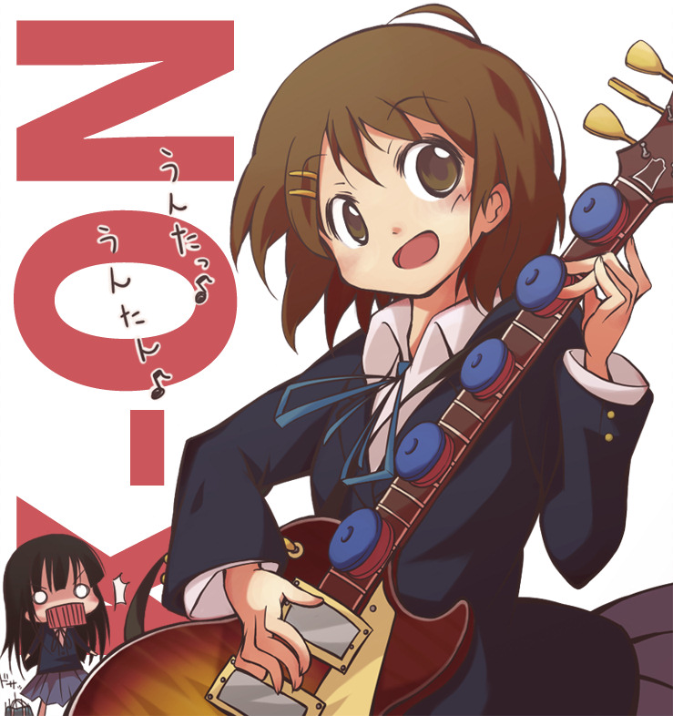 jagabutter, rakugaki (pixiv), akiyama mio, hirasawa yui, k-on!, 00s, 2girls, brown eyes, brown hair, castanets, gibson les paul, guitar, instrument, multiple girls, school uniform, short hair