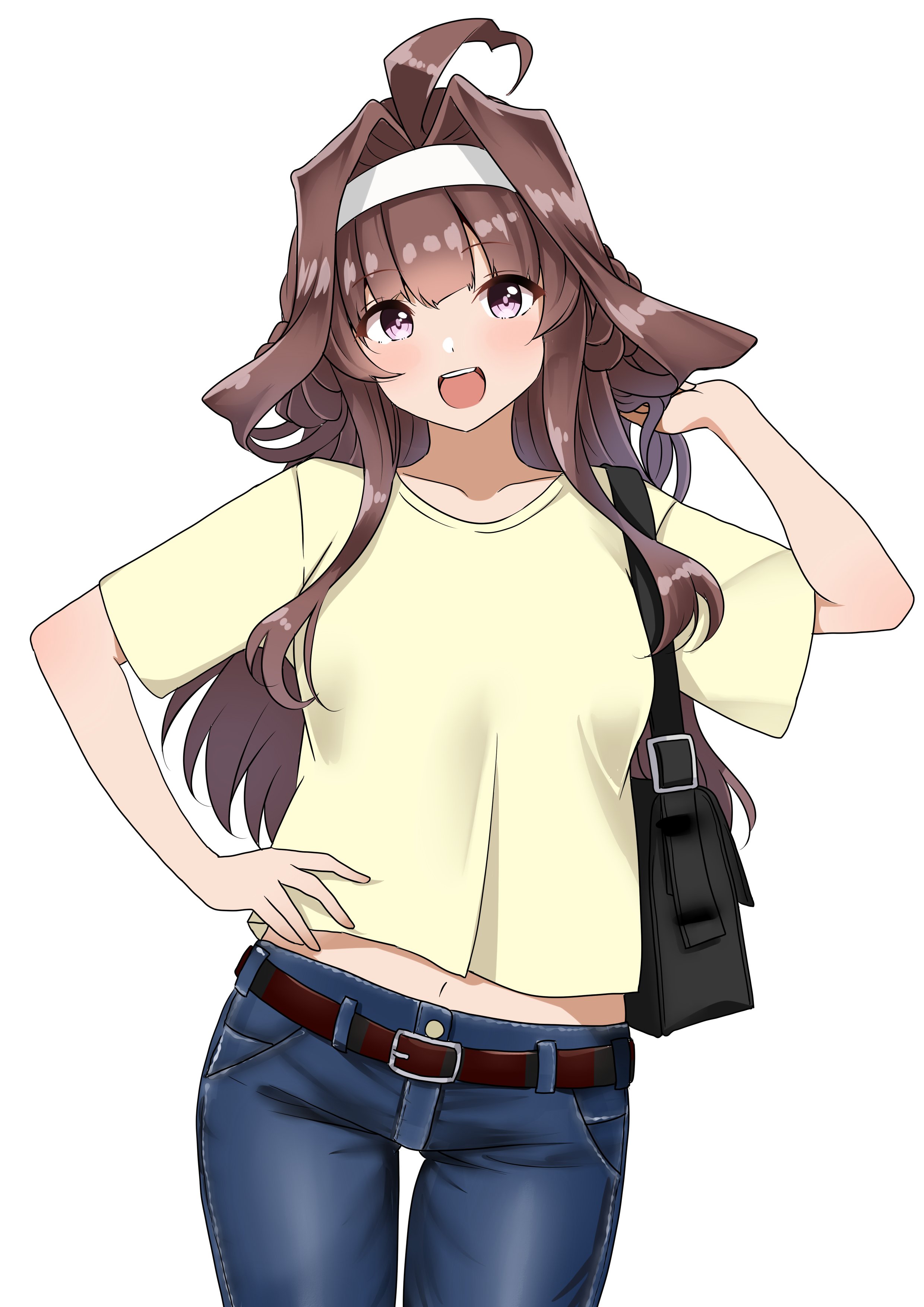 himura moritaka, kongou (kancolle), kongou (kure) (kancolle), kantai collection, absurdres, commentary request, highres, 1girl, bag, blue pants, brown hair, denim, hairband, hand on own hip, jeans, long hair, navel, official alternate costume, pants, purple eyes, shirt, simple background, smile, solo, white background, white hairband, yellow shirt