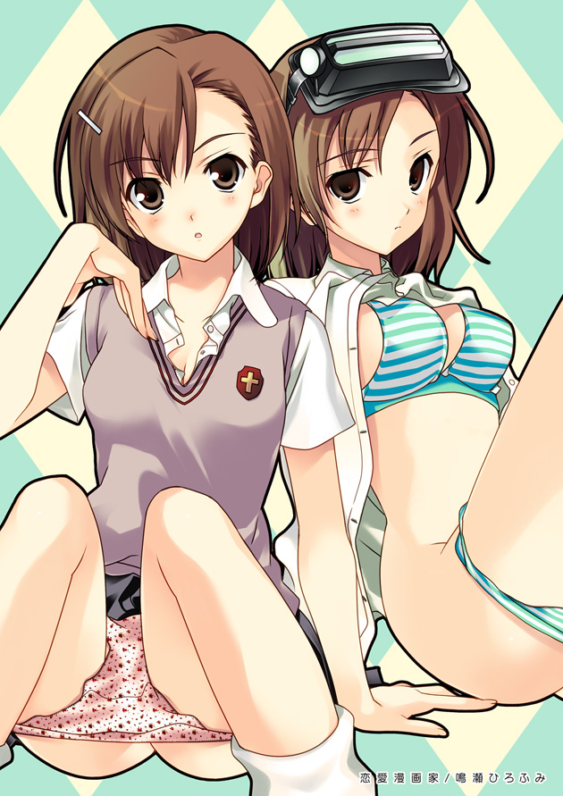 kugajou takaya, naruse hirofumi, misaka imouto, misaka mikoto, toaru majutsu no index, 00s, 2girls, blush, bra, bra lift, breasts, brown eyes, brown hair, cleavage, clothes lift, hair ornament, hairclip, head-mounted display, lingerie, medium breasts, medium hair, multiple girls, open clothes, open shirt, panties, panty pull, pantyshot, pink panties, school uniform, shirt, shirt lift, short hair, simple background, sitting, socks, striped bra, striped clothes, striped panties, thighs, tokiwadai school uniform, unbuttoned, underwear, vest