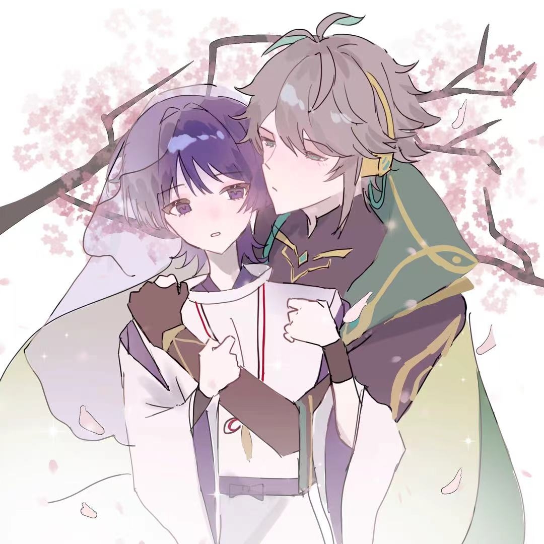 alhaitham (genshin impact), scaramouche (genshin impact), scaramouche (kabukimono) (genshin impact), genshin impact, artist request, chinese commentary, commission, second-party source, 2boys, age difference, antenna hair, blush, cherry blossoms, collared jacket, falling petals, green eyes, grey hair, hair between eyes, head tilt, headpiece, height difference, hug, hug from side, incoming kiss, jacket, japanese clothes, jewelry, leaning to the side, long sleeves, looking to the side, multicolored hair, multiple boys, necklace, official alternate costume, open mouth, outdoors, petals, pink petals, puffy sleeves, purple eyes, see-through clothes, see-through veil, short hair, single arm hug, tree, veil, white background, wide sleeves, yaoi