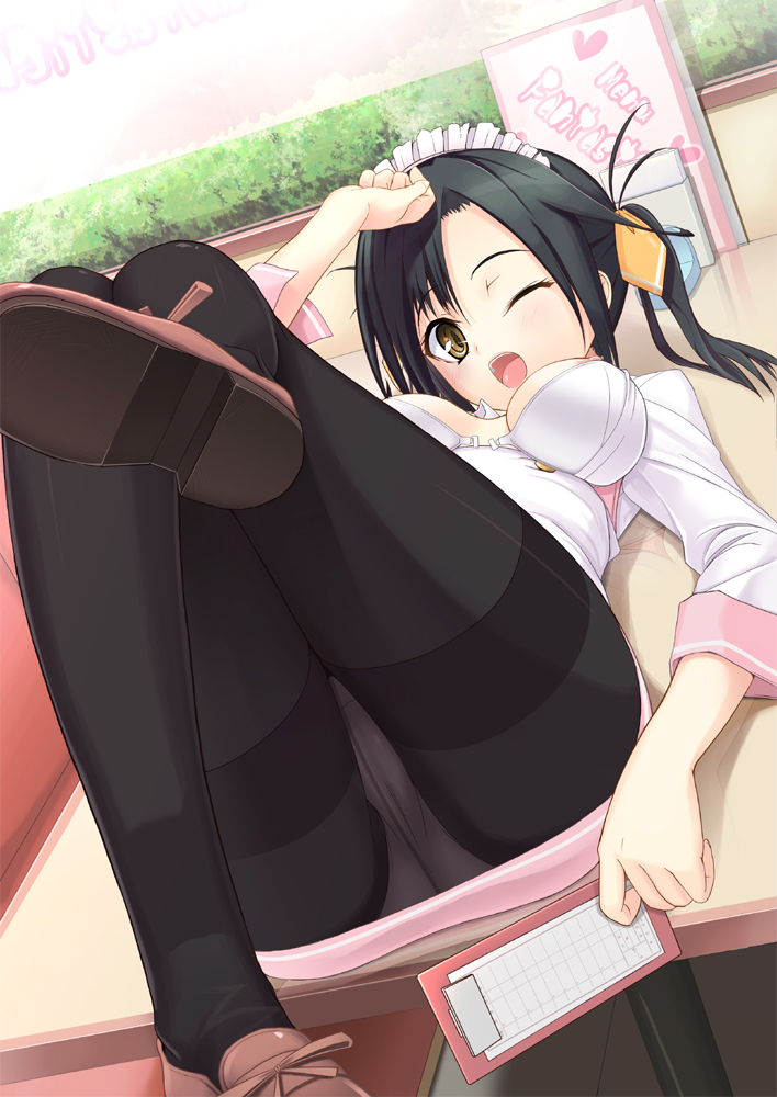 gin (ginshari), original, uniform, 1girl, black hair, breasts, breasts apart, brown eyes, cleavage, crotch seam, female focus, long legs, lying, nipples, on back, one eye closed, open mouth, panties, panties under pantyhose, pantyhose, pantyshot, shoes, solo, table, thighband pantyhose, underwear, upskirt, waitress, white panties, wink, yellow eyes