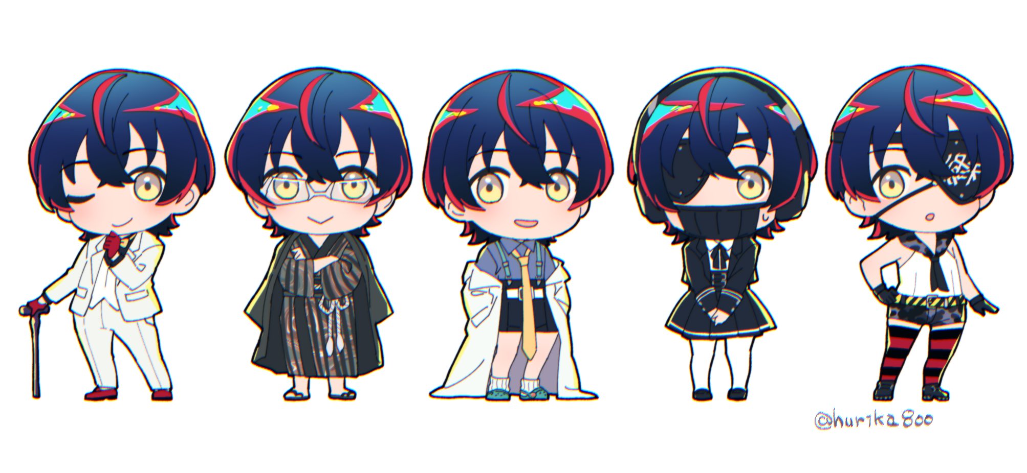 commentary, hashtag-only commentary, highres, 5girls, :>, :o, belt, bespectacled, black belt, black gloves, black hair, black haori, black jacket, black ribbon, black shirt, black shorts, black skirt, black thighhighs, blue shirt, bow, bowtie, cane, coat, coat partially removed, cosplay, crocs, crossed arms, eyepatch, full body, gavel, glasses, gloves, hair between eyes, haori, haori on shoulders, holding, holding cane, honoka kokushikan, honoka kokushikan (cosplay), hurika800, invisible floor, jacket, jacket on shoulders, japanese clothes, kimono, kishiru inugami, kishiru inugami (cosplay), looking at viewer, manji fushicho, manji fushicho (cosplay), mask, mouth mask, multiple girls, multiple persona, neck ribbon, one eye closed, pants, pantyhose, print eyepatch, red gloves, red shoes, red thighhighs, rei shimobe, reverse trap, ribbon, shirt, shoes, short hair, short shorts, shorts, shuten order, skirt, sleeveless, sleeveless shirt, smile, standing, suspender shorts, suspenders, sweatdrop, teko ion, teko ion (cosplay), thighhighs, twitter username, two-tone belt, two-tone thighhighs, vest, white background, white coat, white jacket, white pants, white pantyhose, white vest, yellow belt, yellow bow, yellow bowtie, yellow eyes, yugen ushitora, yugen ushitora (cosplay)