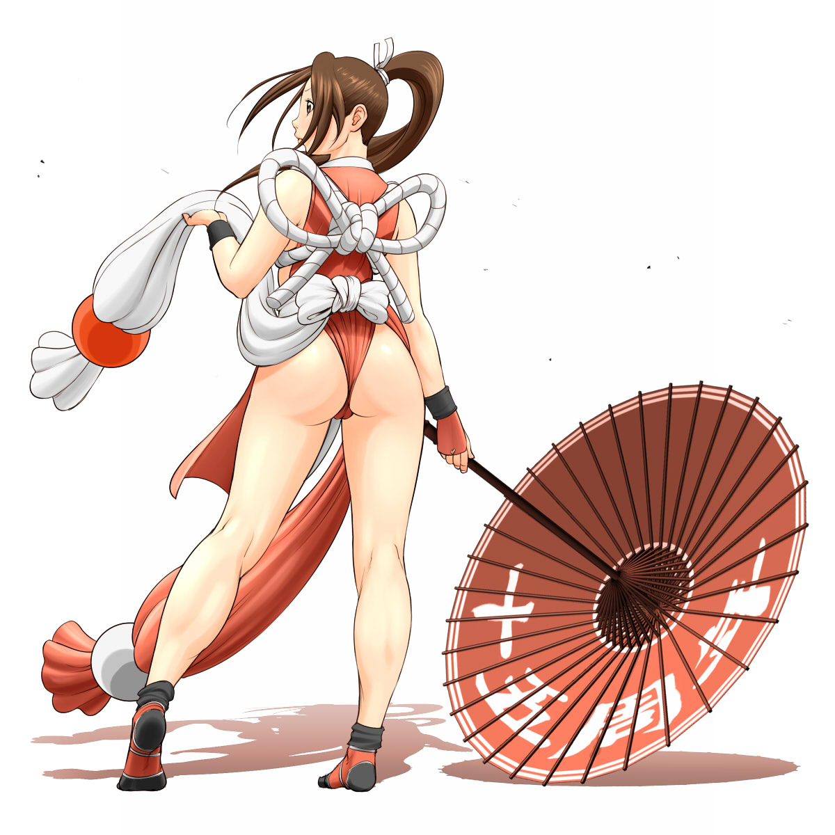 ex hk, shiranui mai, fatal fury, snk, the king of fighters, bad id, bad pixiv id, highres, 1girl, ass, back, brown eyes, brown hair, female focus, from behind, long hair, oil-paper umbrella, parasol, pelvic curtain, ponytail, revealing clothes, rope, shadow, solo, umbrella
