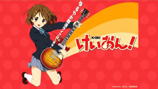 hirasawa yui, k-on!, tagme, 00s, 1girl, blush, female focus, guitar, instrument, school uniform, solo