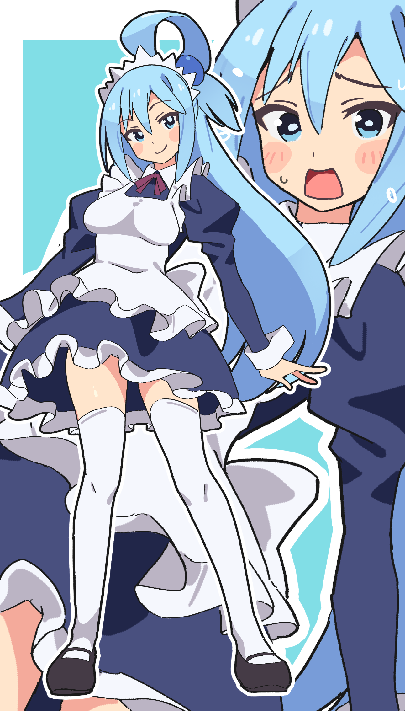 noyama takenoko, aqua (konosuba), kono subarashii sekai ni shukufuku wo!, highres, 1girl, blue eyes, blue hair, blush, closed mouth, looking at viewer, maid, skirt, smile, solo, thighhighs
