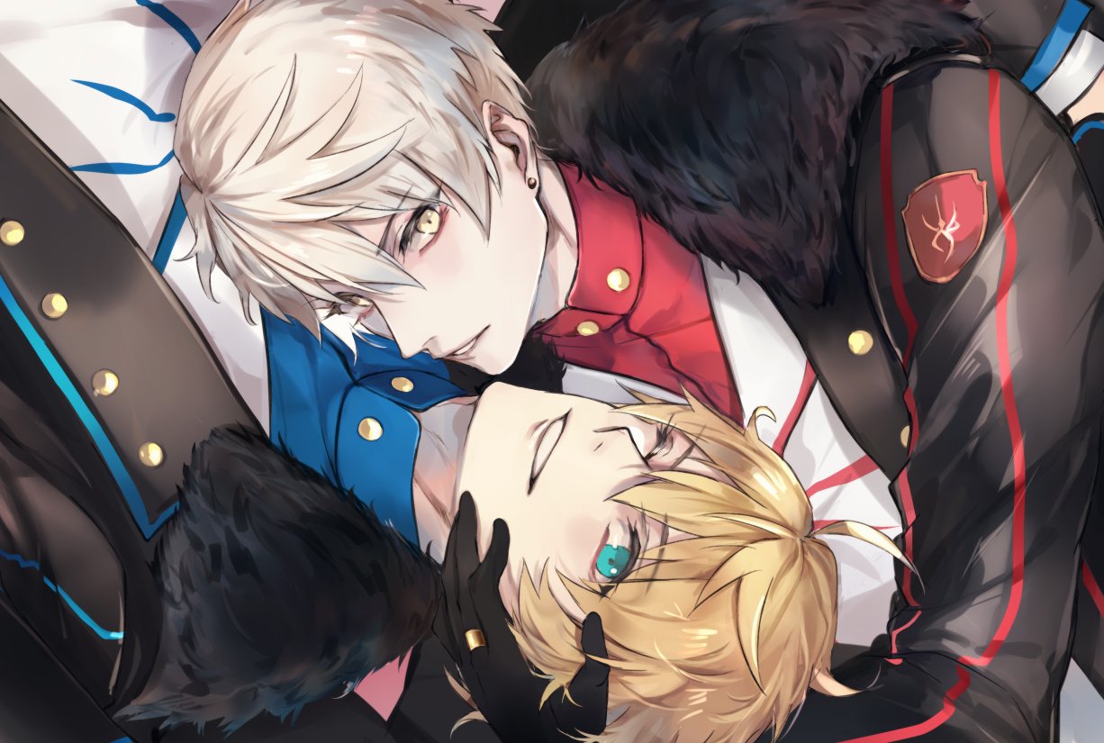 pvc parfait, arthur pendragon (fate), arthur pendragon (star of camelot) (fate), arthur pendragon alter (fate), fate/grand order, fate (series), commentary, english commentary, 2boys, ahoge, aqua eyes, black gloves, black jacket, blonde hair, blue shirt, dual persona, earrings, emblem, fur-trimmed jacket, fur trim, gloves, gold ring, hair between eyes, hand on another's face, jacket, jewelry, lapels, long sleeves, looking at viewer, male focus, mandarin collar, multiple boys, official alternate costume, one eye closed, open clothes, open jacket, pink background, red shirt, shirt, short hair, simple background, smile, teeth, upper body, vest, white hair, white vest, yellow eyes