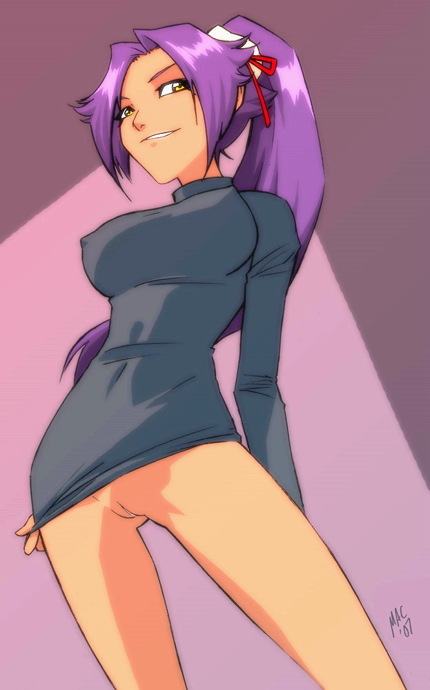 shihouin yoruichi, bleach, bottomless, covered erect nipples, dark skin, purple hair, pussy, uncensored