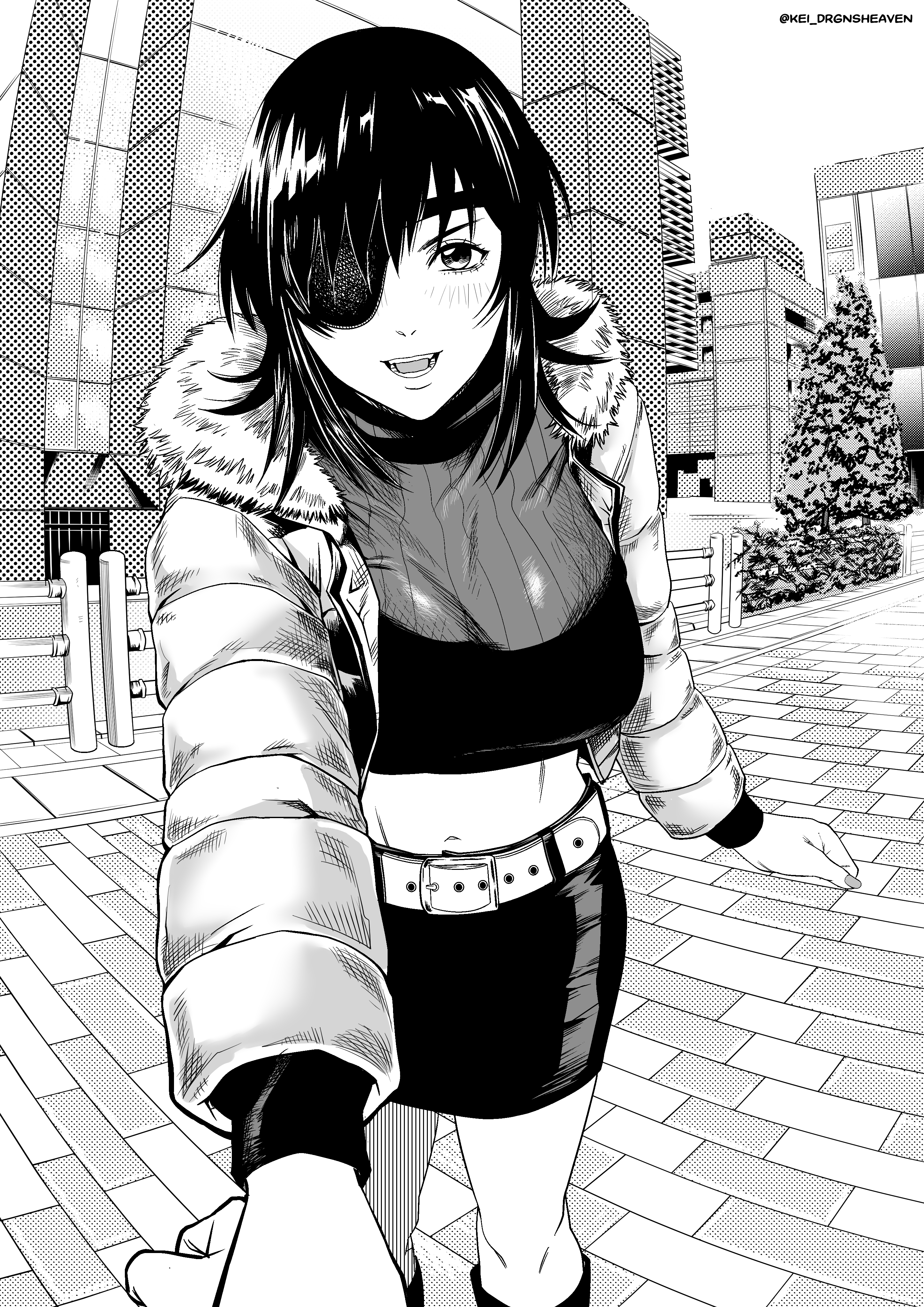 kei dragonsheaven, himeno (chainsaw man), chainsaw man, absurdres, commentary, english commentary, highres, 1girl, black hair, breasts, crosshatching, eyepatch, greyscale, hatching (texture), holding, monochrome, pov, short hair, smoking, solo, twitter username, wolf cut
