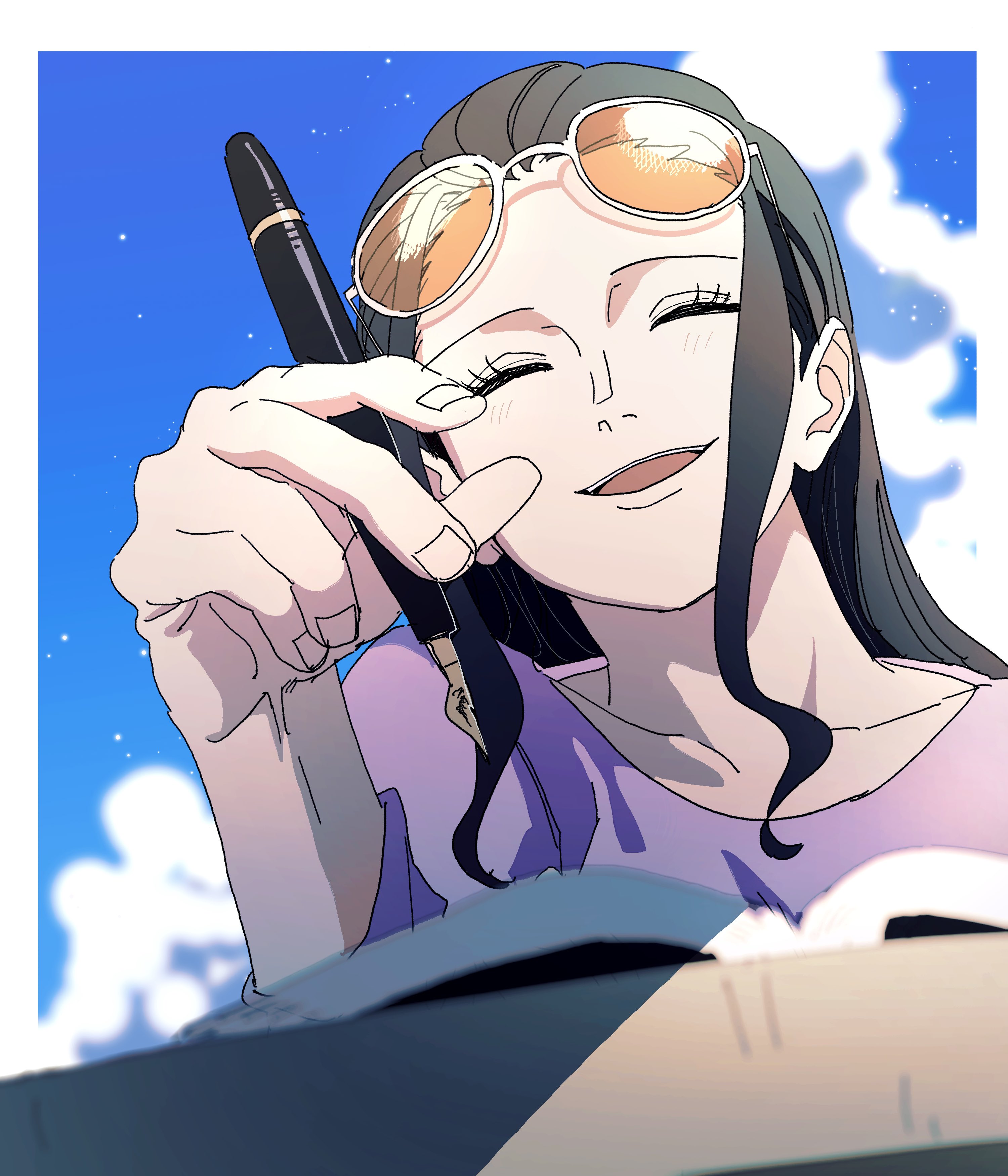 pnpk 1013, nico robin, one piece, absurdres, highres, 1girl, ^ ^, black hair, blue sky, blush, closed eyes, cloud, eyelashes, eyewear on head, holding, holding pen, long hair, open mouth, orange-tinted eyewear, outdoors, pen, purple shirt, shirt, sidelocks, sky, solo, tinted eyewear