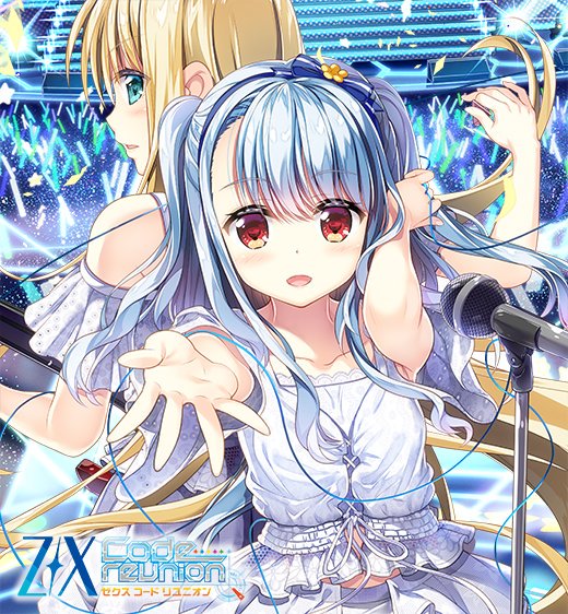 fujima takuya, kagamihara azumi, rigel (z/x), z/x, official art, 2girls, aqua eyes, blonde hair, blue hair, concert, confetti, copyright logo, dress, glowstick, logo, microphone stand, multiple girls, open mouth, reaching, reaching towards viewer, red eyes, two side up, white dress, z/x code reunion