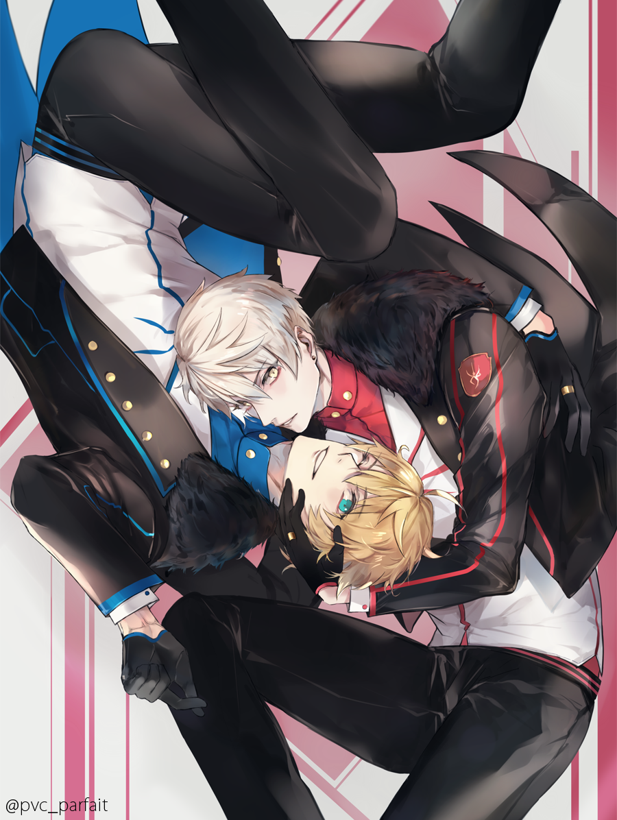 pvc parfait, arthur pendragon (fate), arthur pendragon (star of camelot) (fate), arthur pendragon alter (fate), fate/grand order, fate (series), commentary, english commentary, 2boys, ahoge, aqua eyes, artist name, black gloves, black jacket, black pants, blonde hair, blue shirt, dual persona, earrings, emblem, feet out of frame, floating clothes, fur-trimmed jacket, fur trim, gloves, gold ring, hair between eyes, hand on another's face, jacket, jewelry, lapels, long sleeves, looking at viewer, male focus, mandarin collar, multiple boys, official alternate costume, one eye closed, open clothes, open jacket, pants, pink background, red shirt, shirt, short hair, simple background, smile, striped background, teeth, two-tone background, vest, white background, white hair, white vest, yellow eyes