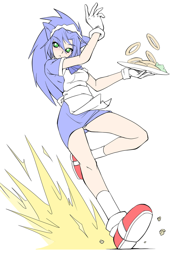ruriwo (ruriwo1894), hayai, sonic the hedgehog, futaba channel, nijiura maids, sega, sonic (series), bad id, bad pixiv id, gender request, 1girl, :<, animal ears, apron, blue eyes, blue hair, blush, costume, female focus, fire, genderswap, gloves, green eyes, matching hair/eyes, onion rings, panties, pantyshot, personification, plate, socks, solo, stopping, underwear, waitress, white panties