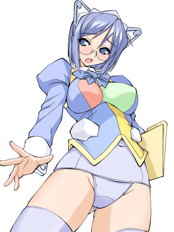 ruriwo (ruriwo1894), 2k-tan, os-tan, bad id, bad pixiv id, blue eyes, blue hair, blush, bottomless, folder, glasses, no pants, one-piece swimsuit, school swimsuit, solo, swimsuit, swimsuit under clothes, thighhighs