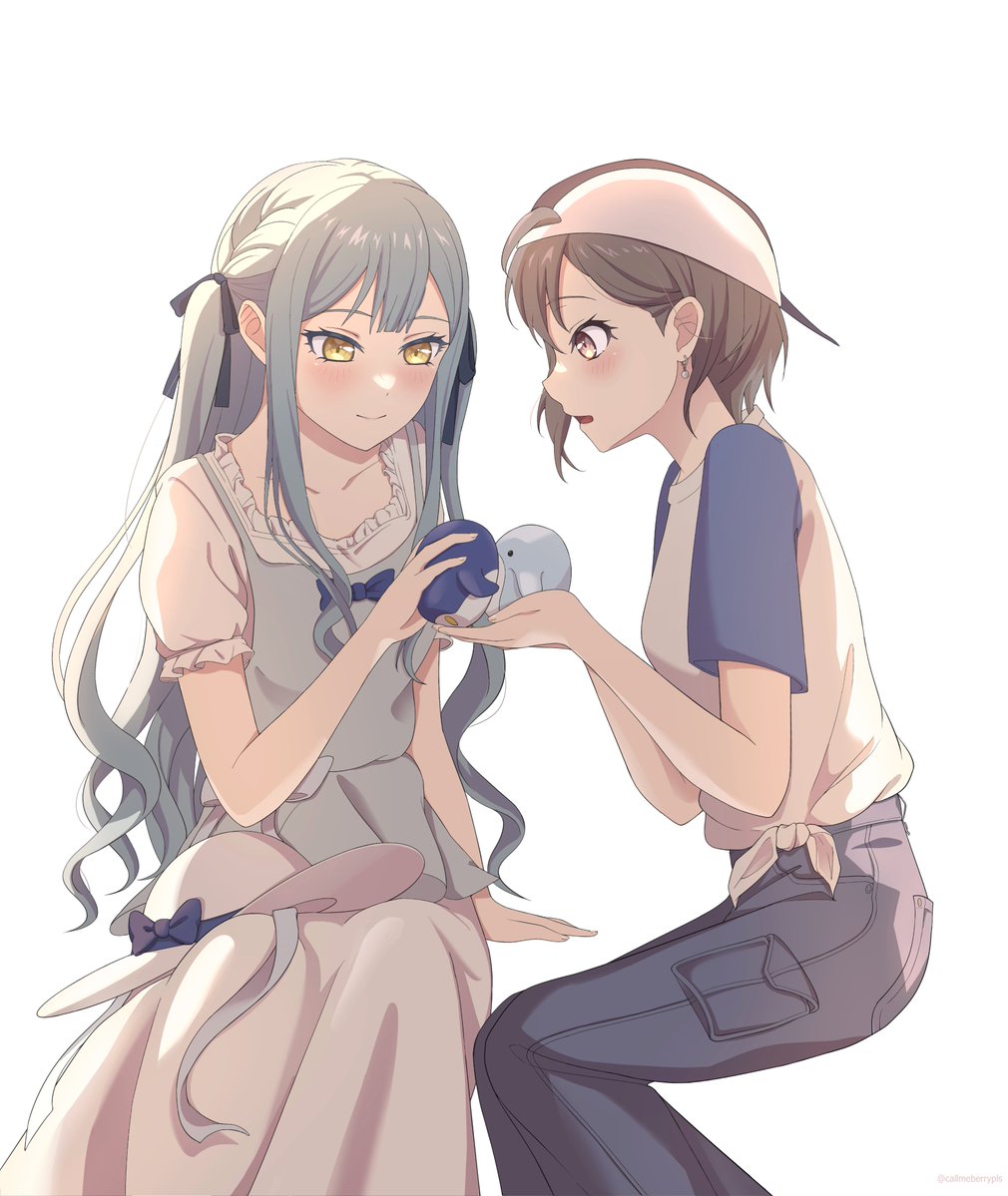 callmeberrypls, takamatsu tomori, togawa sakiko, bang dream!, bang dream! it's mygo!!!!!, commentary, english commentary, 2girls, backwards hat, baseball cap, blue eyes, blue hair, blue pants, blush, breasts, brown eyes, closed mouth, earrings, grey hair, hair ribbon, hat, invisible chair, jewelry, long hair, multiple girls, open mouth, pants, pink hair, ribbon, shirt, short hair, sidelocks, simple background, sitting, small breasts, stuffed animal, stuffed penguin, stuffed toy, tied shirt, two side up, unworn hat, unworn headwear, white background, white shirt, yellow eyes, yuri
