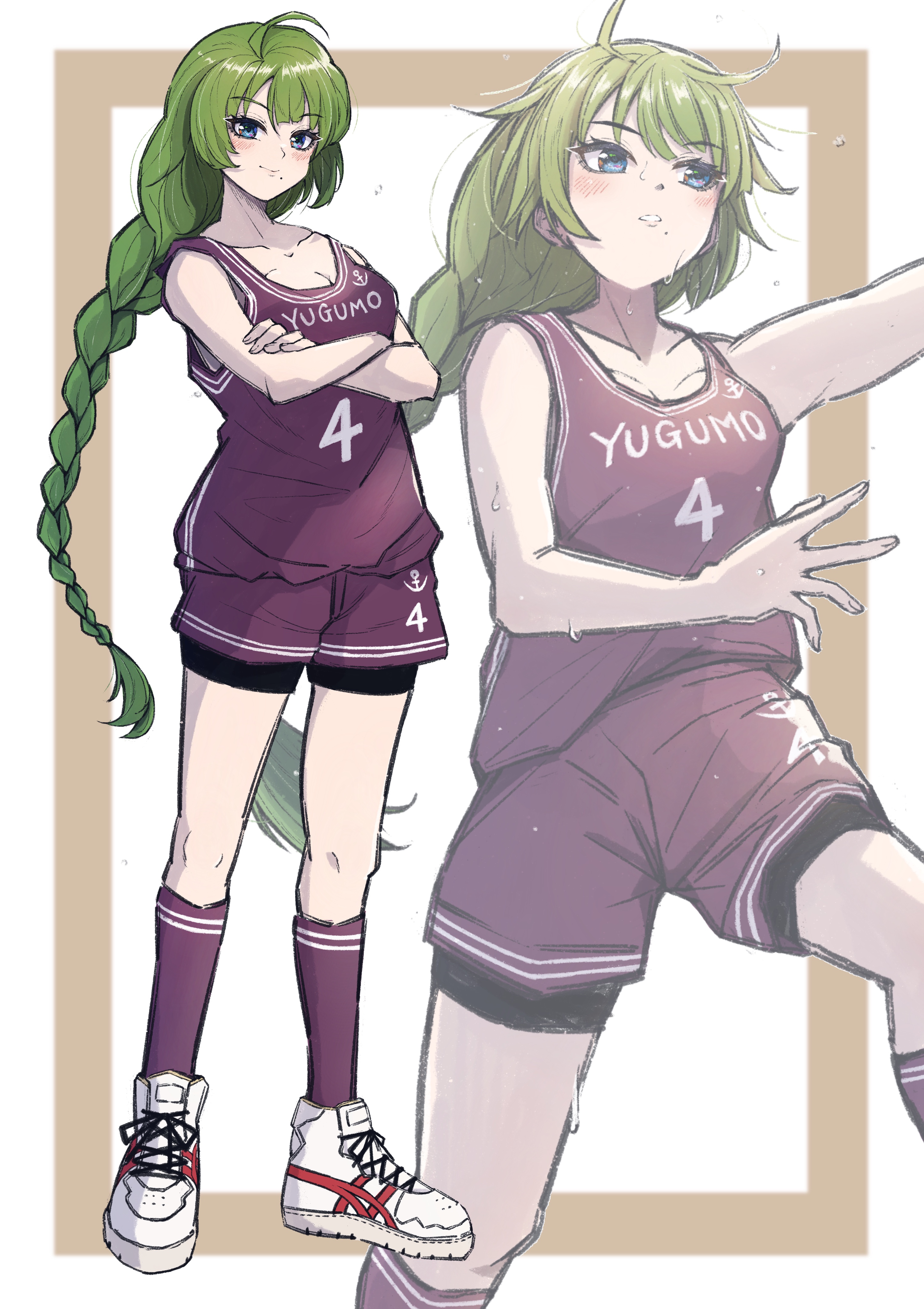 ld (luna dial398), yuugumo (kancolle), kantai collection, absurdres, highres, 1girl, ahoge, basketball jersey, basketball shorts, basketball uniform, bike shorts, bike shorts under shorts, blue eyes, blunt bangs, braid, character name, crossed arms, green hair, long hair, looking at viewer, mole, mole under mouth, multiple views, purple shirt, purple shorts, purple socks, shirt, shoes, shorts, single braid, sleeveless, sleeveless shirt, socks, sportswear, standing, white shoes, zoom layer