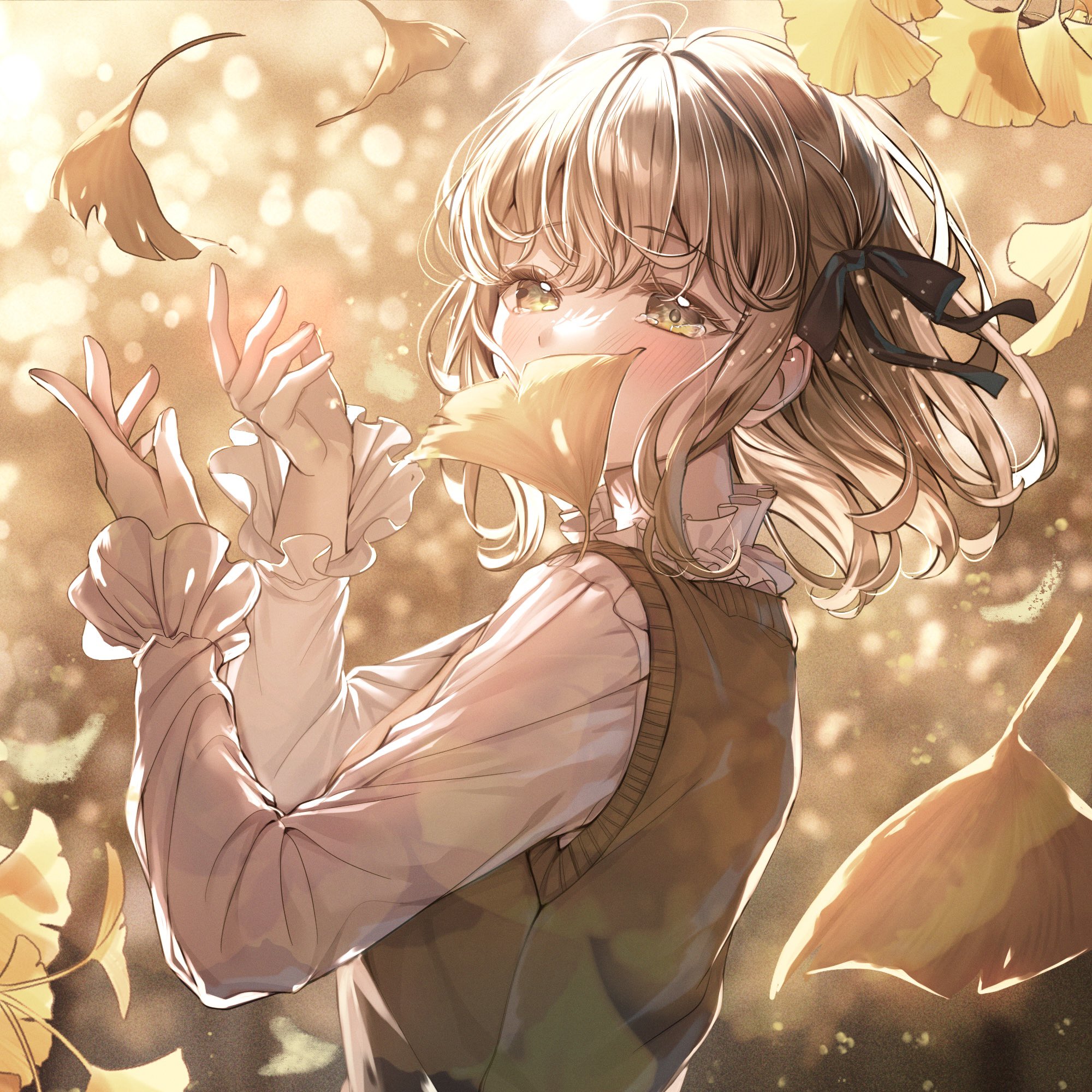 sakura (39ra), original, highres, 1girl, autumn, autumn leaves, black ribbon, blonde hair, blurry, blush, bokeh, brown sweater vest, catching, choppy bangs, collar, covered mouth, crying, crying with eyes open, depth of field, falling leaves, frilled collar, frilled shirt, frilled sleeves, frills, ginkgo leaf, hair ribbon, hands up, leaf, long sidelocks, long sleeves, looking at viewer, medium hair, one side up, outdoors, raised inner eyebrows, ribbon, shirt, sidelocks, standing, sweater vest, tears, upper body, white shirt, yellow eyes, yellow theme