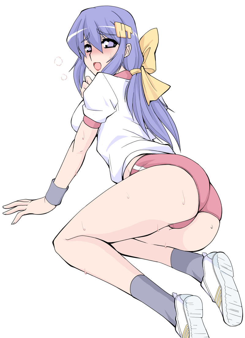 ruriwo (ruriwo1894), nt-tan, os-tan, bad id, bad pixiv id, 1girl, armband, ass, blue hair, blush, bow, breath, buruma, empty eyes, female focus, gym uniform, hair bow, hair ornament, long hair, looking back, lying, on side, open mouth, purple eyes, purple hair, ribbon, shoes, simple background, sneakers, socks, solo, sweat, wristband