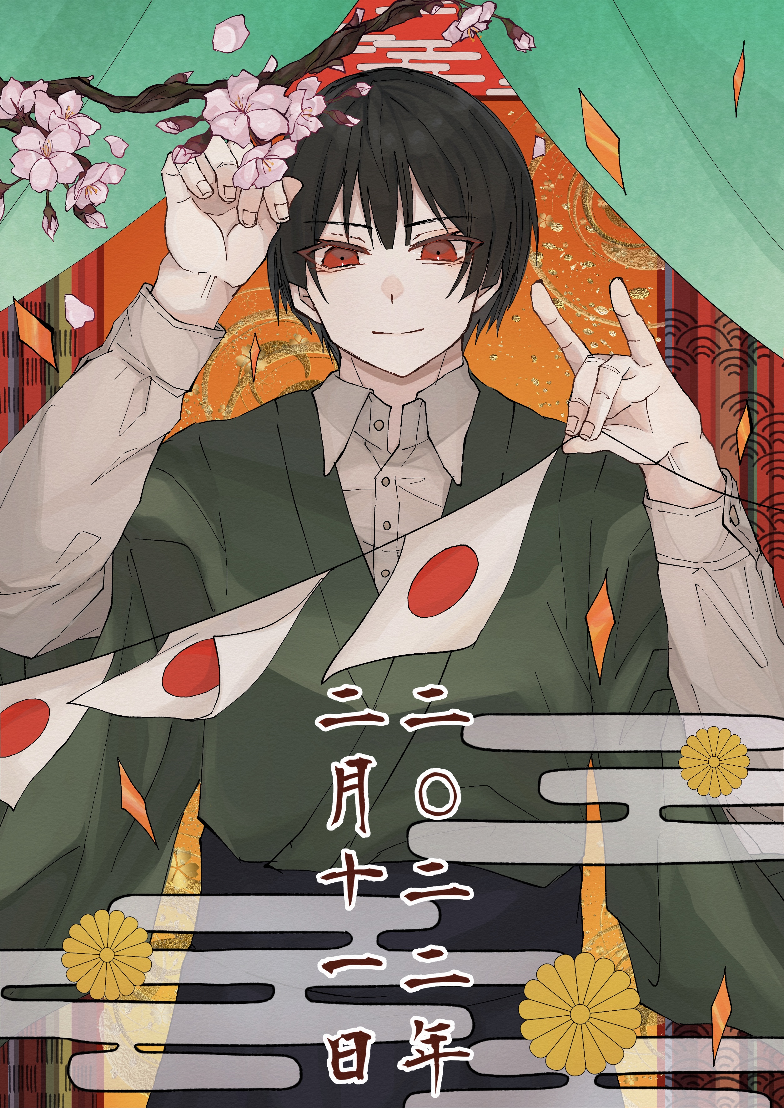 japan (hetalia), axis powers hetalia, absurdres, highres, 1boy, black hair, black pants, branch, buttons, cherry blossoms, closed mouth, collared shirt, cowboy shot, curtains, egasumi, fingernails, flower, gradient background, green kimono, hair between eyes, hands up, japanese clothes, kikkoumon, kimono, long sleeves, looking at viewer, male focus, mouri hatiya, orange background, pants, petals, pink flower, puffy long sleeves, puffy sleeves, red eyes, seigaiha, shirt, short hair, smile, solo, standing, white shirt, wide sleeves, yellow background, yellow flower