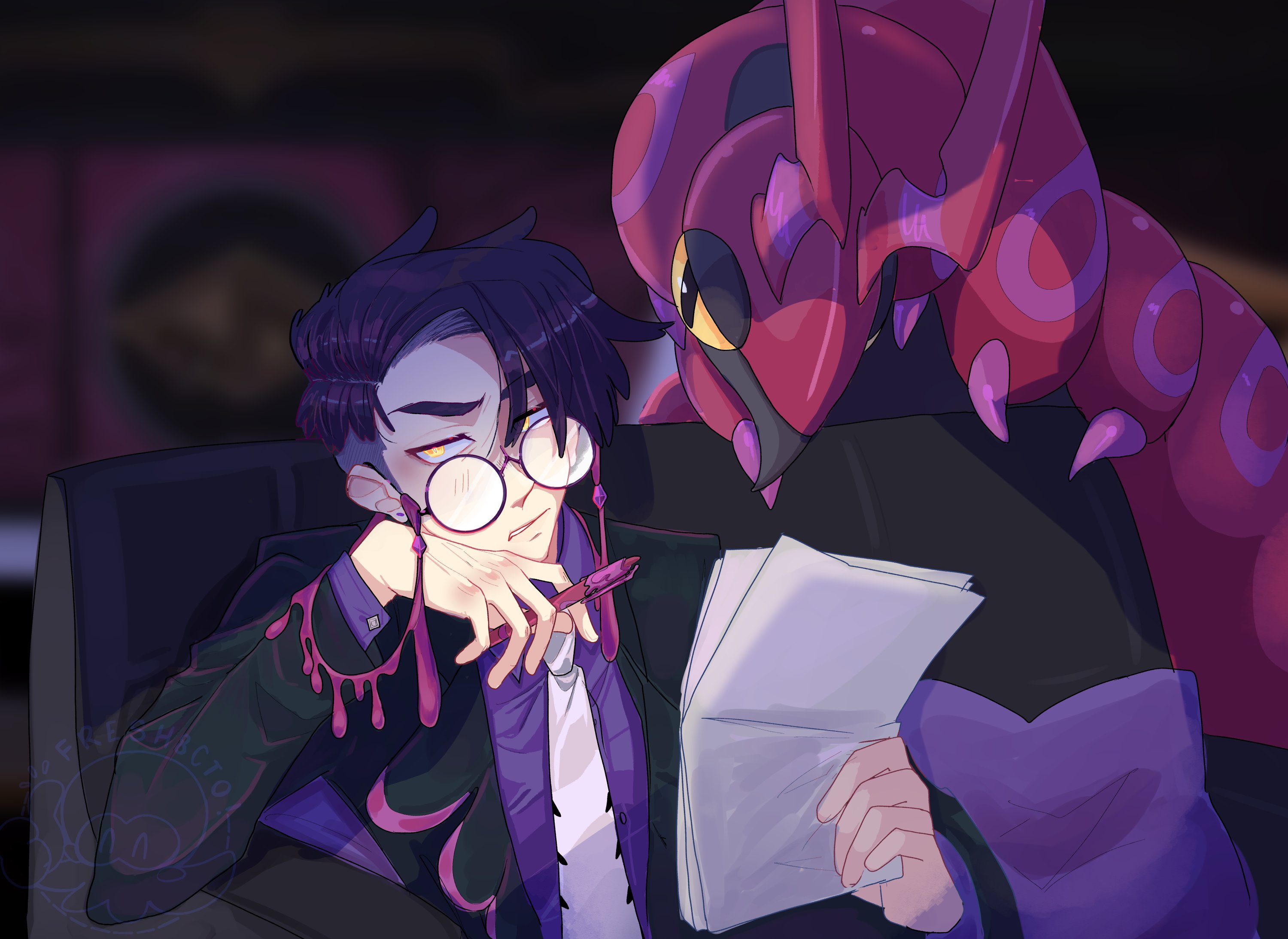 fresh8cto, corbeau (pokemon), scolipede, nintendo, pokemon, pokemon legends: z-a, highres, 1boy, black-framed eyewear, black jacket, bug, centipede, chair, collared shirt, colored sclera, eyewear strap, gen 5 pokemon, glasses, holding, holding paper, holding pen, horns, jacket, long sleeves, male focus, necktie, on chair, open clothes, open jacket, pants, paper, parted lips, pen, pokemon (creature), purple hair, purple shirt, round eyewear, shirt, short hair, short sideburns, sitting, white necktie, yellow eyes, yellow sclera