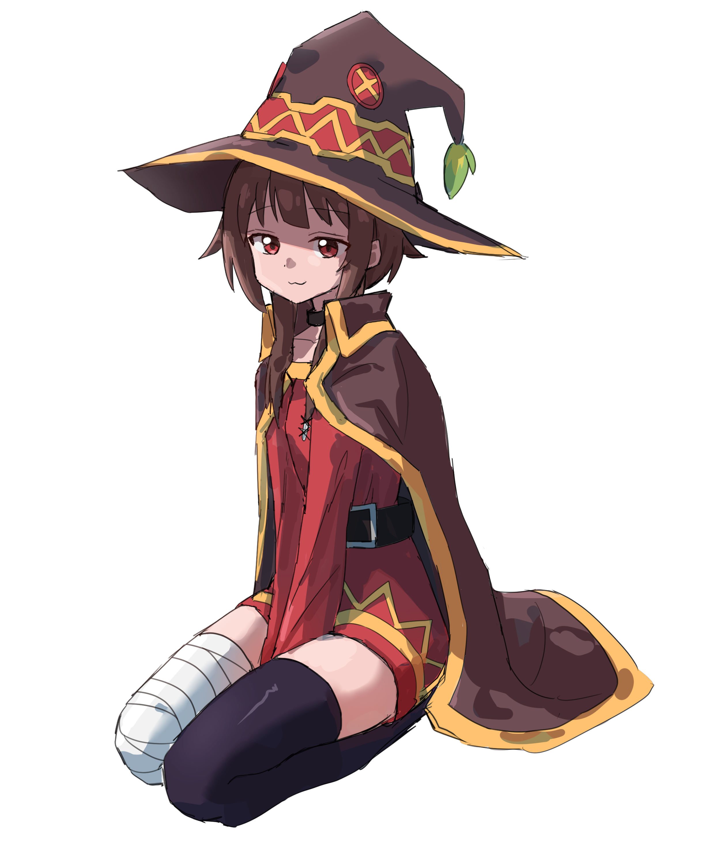 hoduttang, megumin, kono subarashii sekai ni shukufuku wo!, absurdres, highres, 1girl, :3, cape, chuunibyou, collar, looking at viewer, magical girl, red eyes, simple background, smile, solo
