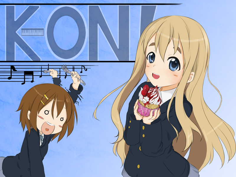 tokiwakinya, hirasawa yui, kotobuki tsumugi, k-on!, 00s, 2girls, blonde hair, blue eyes, brown hair, cupcake, fork, long hair, multiple girls, o o, school uniform, short hair