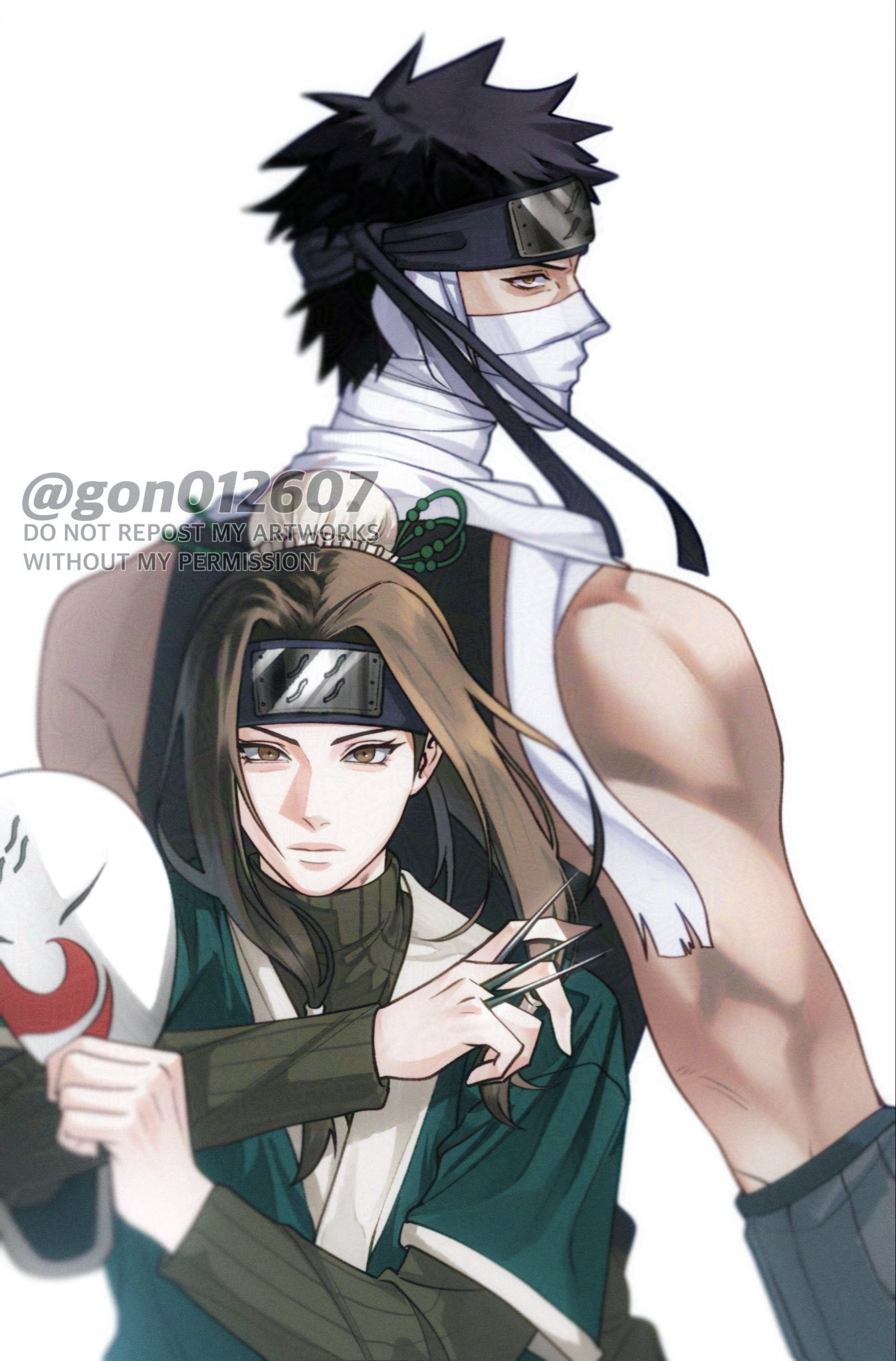 gon012607, haku (naruto), momochi zabuza, naruto (series), highres, 2boys, back-to-back, bandaged neck, bandages, bandages over mouth, bare shoulders, black hair, black headband, black sweater, brown eyes, brown hair, bun cover, closed mouth, hair bun, headband, holding, holding mask, holding weapon, long hair, male focus, mask, multiple boys, muscular, muscular male, pale skin, parted bangs, shirt, short hair, sleeveless, sleeveless shirt, spiked hair, sweater, tan, trap, turtleneck, turtleneck sweater, twitter username, upper body, weapon, white background