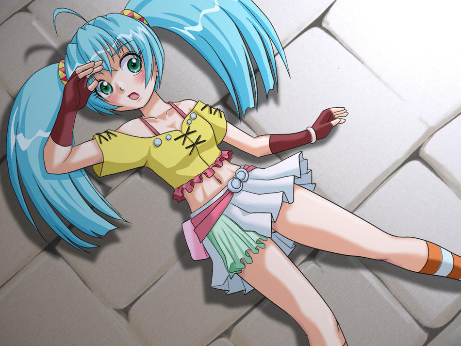 misaki runo, bakugan, bakugan battle brawlers, 00s, 1girl, :o, ahoge, aqua hair, blue hair, blush, elbow gloves, female focus, fingerless gloves, gloves, green eyes, long hair, lying, miniskirt, navel, pleated skirt, skirt, socks, solo, twintails