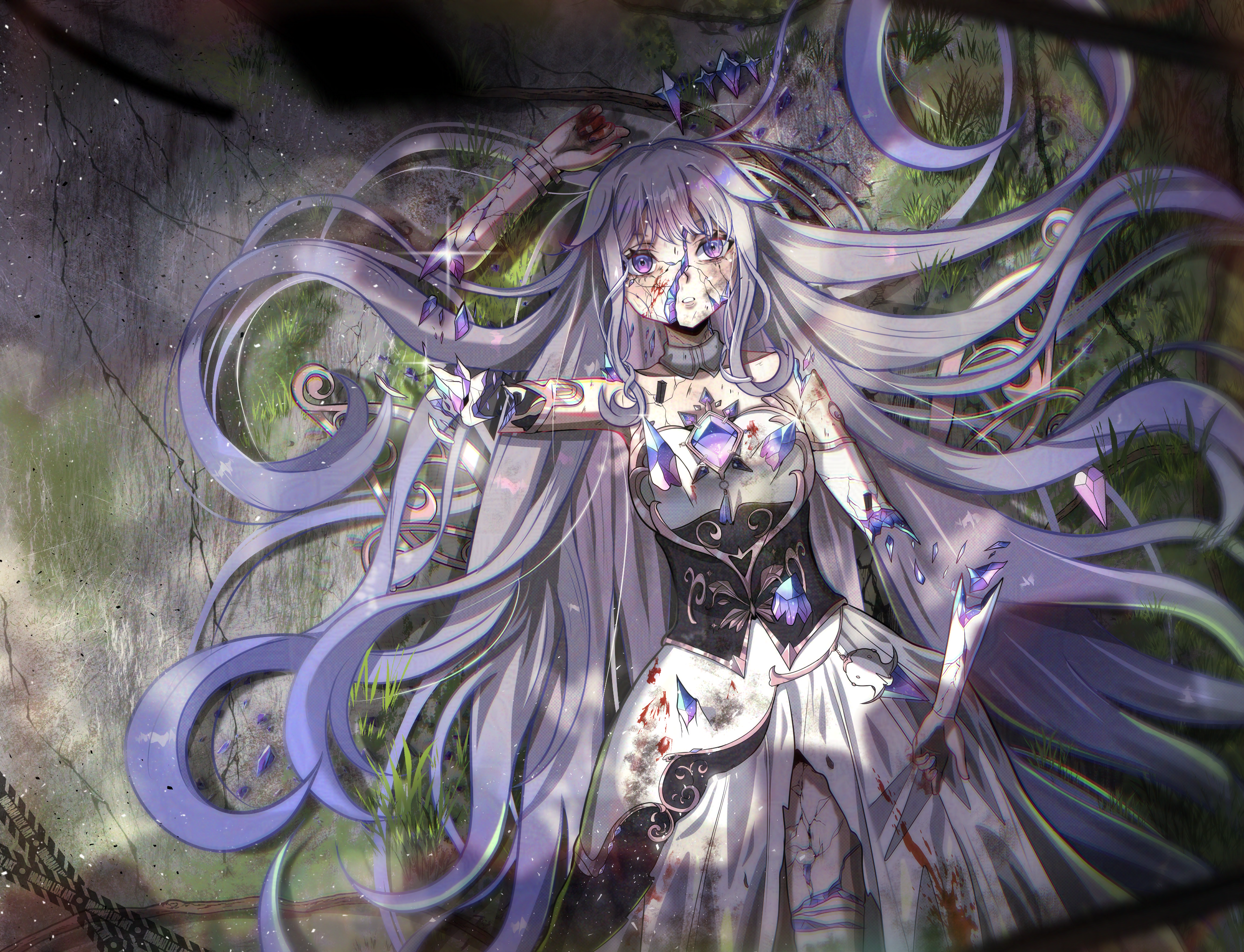 koseki bijou, koseki bijou (1st costume), hololive, hololive english, highres, 1girl, blood, broken, broken arm, cracked skin, crystal, dress, gem, grey hair, hoarah lux, long hair, lying, on back, parted lips, purple eyes, severed arm, severed limb, shards, solo, very long hair, virtual youtuber