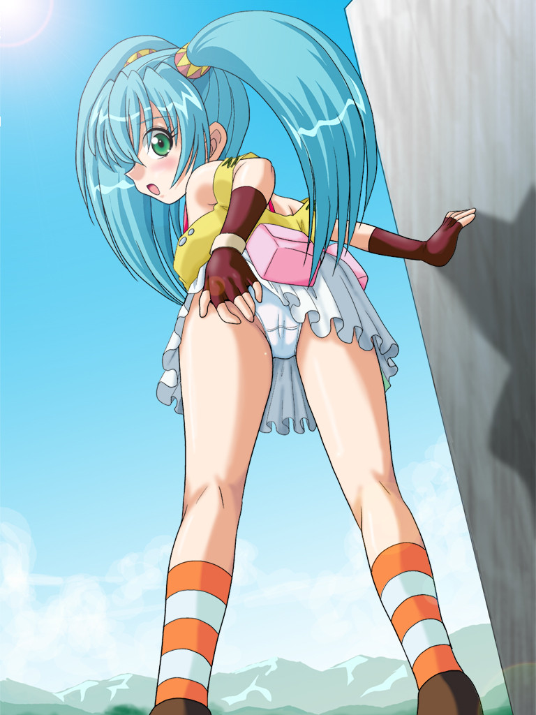 misaki runo, bakugan, bakugan battle brawlers, 00s, 1girl, bent over, blue hair, blush, clothes lift, female focus, fingerless gloves, frills, from behind, from below, gloves, green eyes, hair ornament, kneehighs, kneepits, legs, long hair, looking back, miniskirt, mountain, open mouth, panties, sidelocks, skirt, skirt lift, socks, solo, standing, striped clothes, striped socks, thighs, twintails, underwear, upskirt, white panties