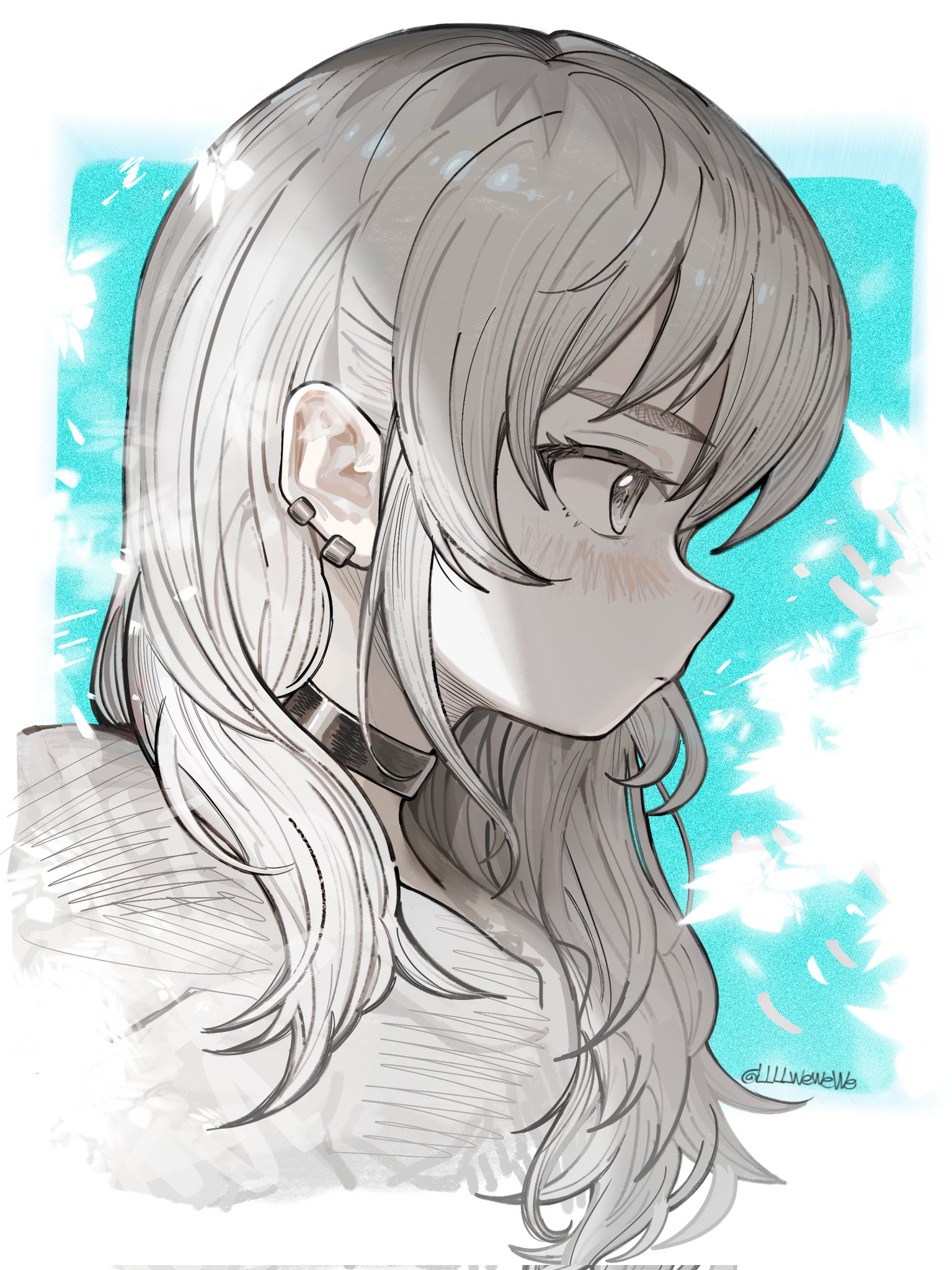 llllwewewe, kawaragi momoka, girls band cry, commentary, hashtag-only commentary, highres, 1girl, black choker, blush, choker, closed mouth, earclip, grey eyes, grey hair, long hair, red eyes, sidelocks, solo