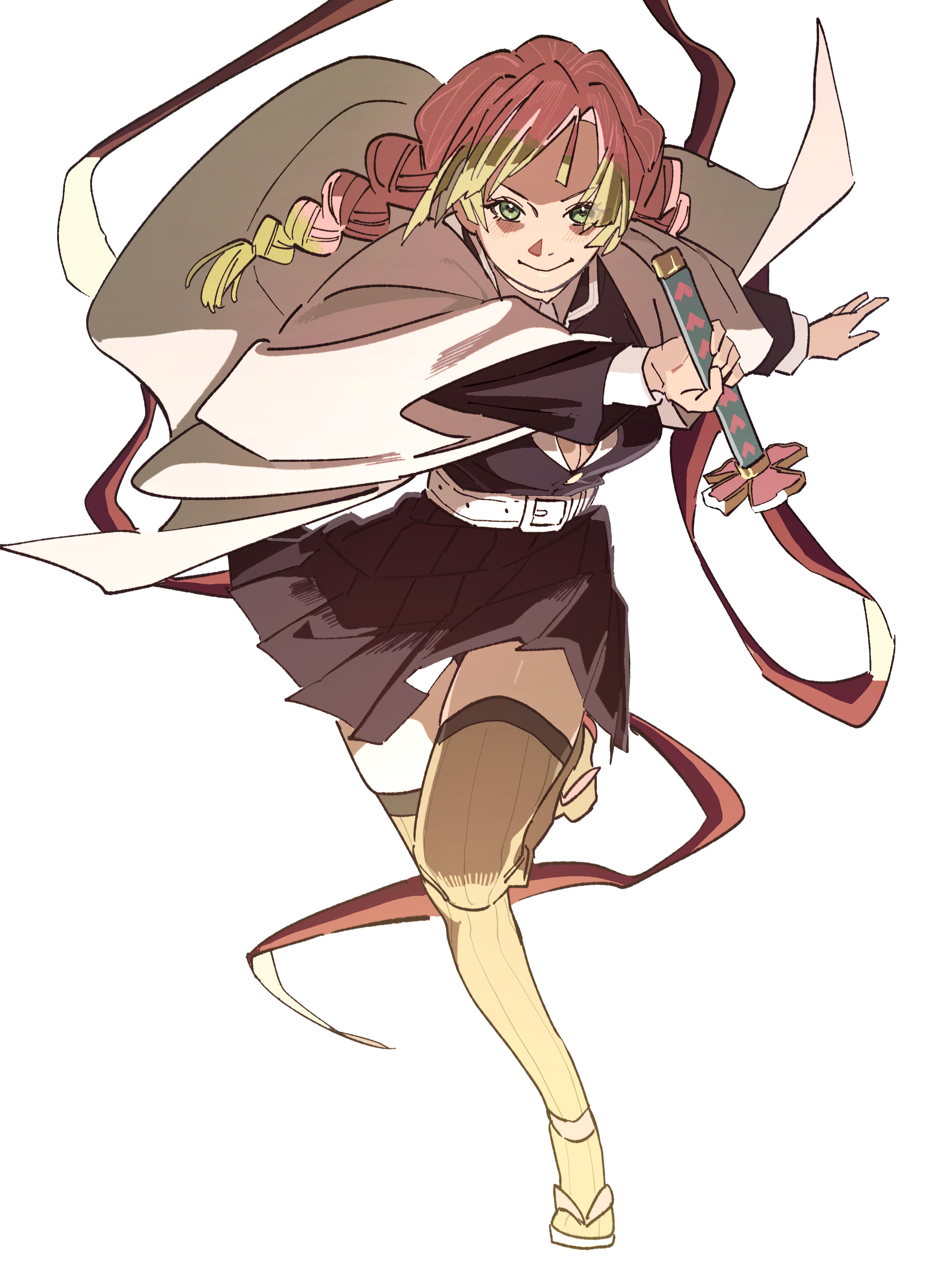 pnpk 1013, kanroji mitsuri, kimetsu no yaiba, absurdres, highres, 1girl, blush, braid, demon slayer uniform, full body, green eyes, green hair, haori, holding, holding sword, holding weapon, japanese clothes, looking at viewer, pink hair, sandals, sash, smile, solo, standing, standing on one leg, sword, thighhighs, twin braids, weapon, white sash