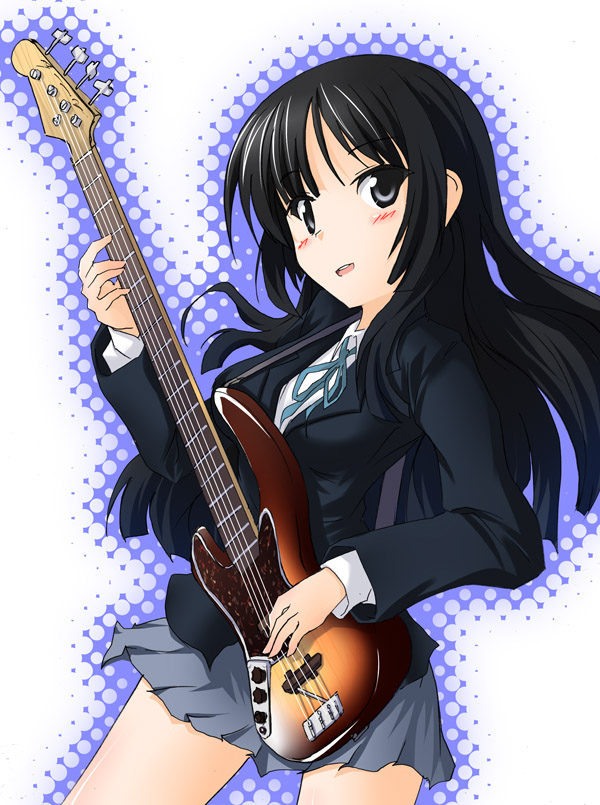 kuronyan, akiyama mio, k-on!, bad id, bad pixiv id, 00s, 1girl, bass guitar, black eyes, black hair, female focus, guitar, instrument, long hair, school uniform, solo