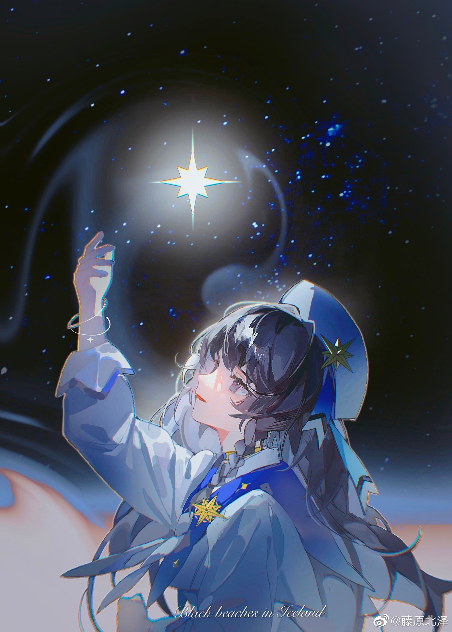 tengyuan bei ze, heroine (lovebrush chronicles), lovebrush chronicles, absurdres, chinese commentary, highres, 1girl, arm up, black hair, blue ribbon, blue sailor collar, bracelet, braid, brooch, capelet, dress, english text, from side, glowing, hair between eyes, hand up, hat, hat ornament, hat ribbon, jewelry, long hair, long sleeves, looking at object, looking up, neckerchief, parted lips, portrait, profile, purple eyes, ribbon, sailor collar, sailor hat, side braid, sky, smile, solo, star (sky), star (symbol), star brooch, star hat ornament, starry sky, watermark, weibo watermark, white capelet, white dress, white hat, white neckerchief