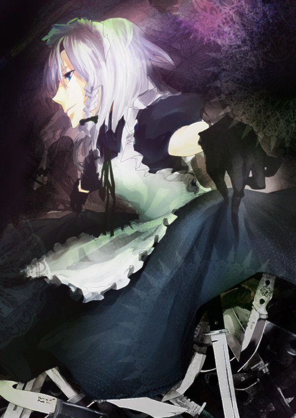 robo8, robo8 (pixiv), izayoi sakuya, touhou, silver hair, 1girl, apron, blue eyes, braid, female focus, gloves, gradient background, hairband, knife, maid, maid apron, solo