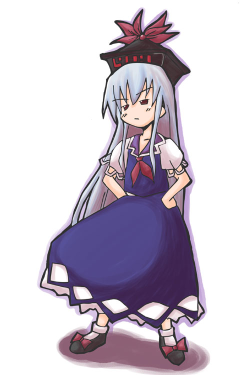 kamishirasawa keine, touhou, 1girl, blue hair, dress, female focus, hands on own hips, hat, long hair, necktie, red eyes, shoes, socks, solo