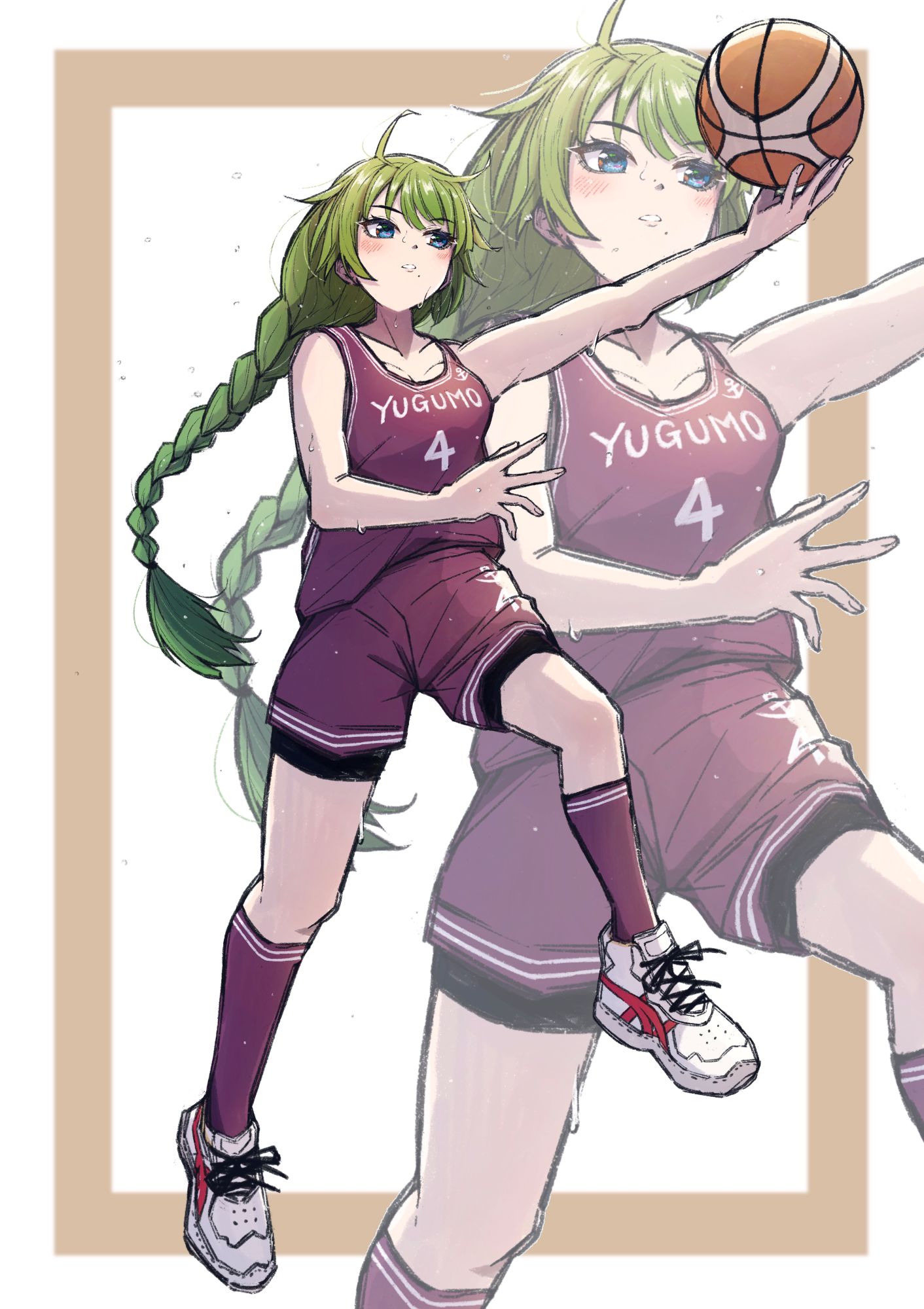 ld (luna dial398), yuugumo (kancolle), kantai collection, highres, 1girl, ahoge, ball, basketball, basketball (object), basketball jersey, basketball shorts, basketball uniform, bike shorts, bike shorts under shorts, blue eyes, blunt bangs, braid, character name, green hair, long hair, mole, mole under mouth, multiple views, playing games, purple shirt, purple shorts, purple socks, shirt, shoes, shorts, single braid, sleeveless, sleeveless shirt, socks, sportswear, white shoes, zoom layer