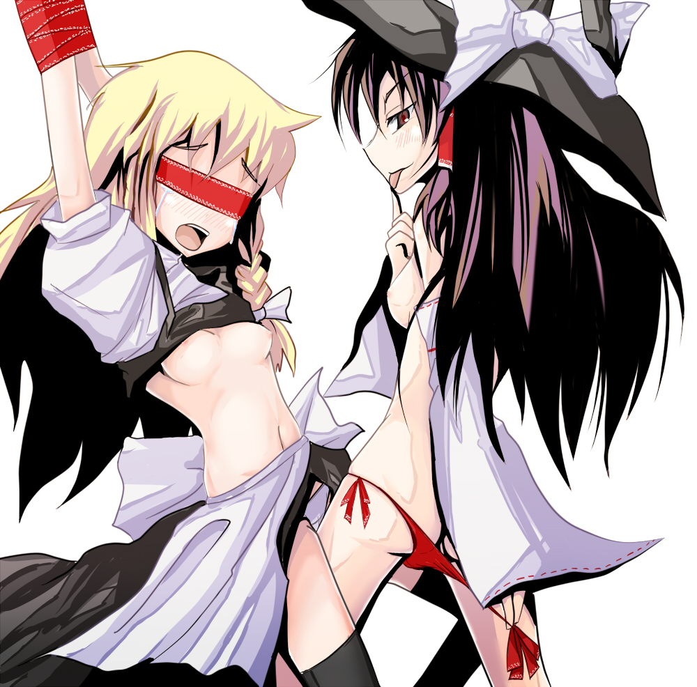 dateya torahachi, hakurei reimu, kirisame marisa, touhou, black legwear, 2girls, ass, bdsm, blindfold, blonde hair, blush, bondage, bound, breasts, brown hair, butt crack, colored blindfold, detached sleeves, female focus, femdom, hat, long hair, looking at viewer, multiple girls, nipples, panties, ribbon, ribbon bondage, side-tie panties, small breasts, tears, thighhighs, tongue, underwear, witch hat, you gonna get raped, yuri