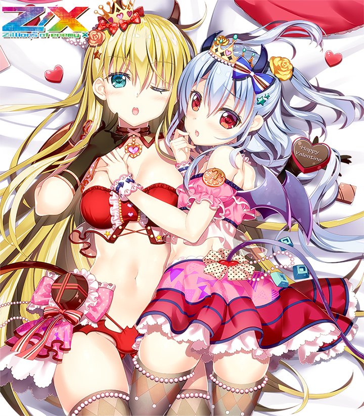 fujima takuya, kagamihara azumi, rigel (z/x), z/x, official art, 2girls, aqua eyes, bed sheet, black gloves, blonde hair, blue hair, breasts, candy, chocolate, chocolate heart, copyright logo, copyright name, crown, dress, flower, food, gloves, hair flower, hair ornament, happy valentine, heart, heart-shaped food, large breasts, logo, long hair, lying, multiple girls, navel, on back, one eye closed, pink flower, pink rose, purple wings, red dress, red eyes, revealing clothes, rose, star (symbol), star hair ornament, thighhighs, two side up, wings, yellow flower, yellow rose