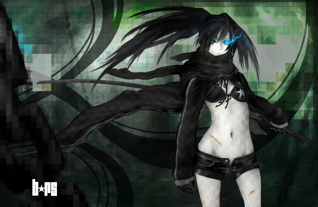 robo8, robo8 (pixiv), black rock shooter (character), black rock shooter, 10s, bikini, bikini top only, black hair, blue eyes, cuts, glowing, glowing eyes, hood, hoodie, injury, long hair, midriff, navel, open fly, pale skin, scarf, shorts, solo, swimsuit, sword, twintails, uneven twintails, unzipped, weapon, zipper