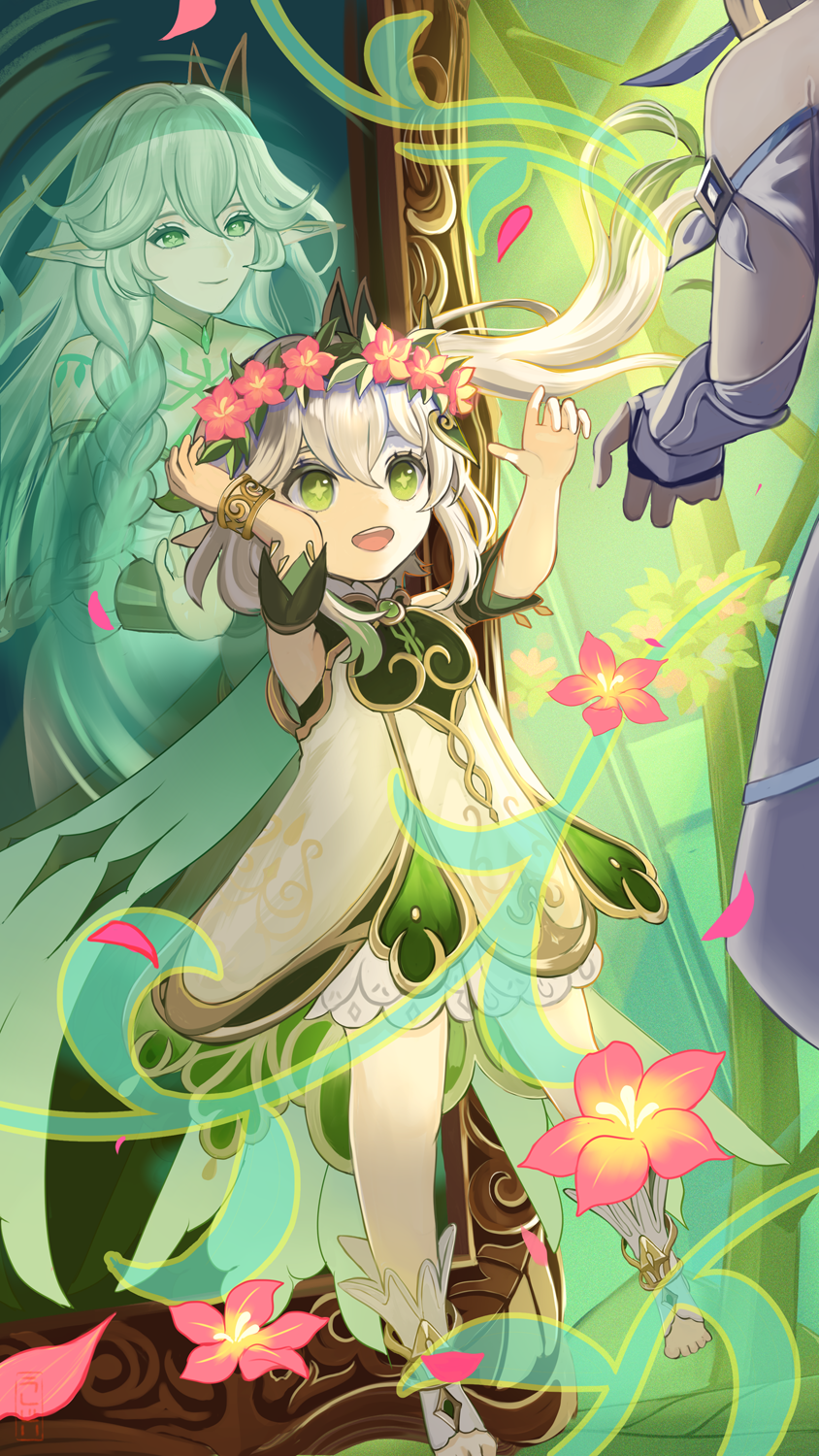 ushijiya, lumine (genshin impact), nahida (genshin impact), rukkhadevata (genshin impact), genshin impact, commentary request, highres, 3girls, bare shoulders, bloomers, blue flower, braid, cross-shaped pupils, detached sleeves, dress, flower, flower wreath, gold trim, gradient hair, green eyes, green hair, green sleeves, hair between eyes, hair ornament, hair tie, hands up, head wreath, leaf hair ornament, long hair, looking at another, looking at viewer, multicolored hair, multiple girls, open mouth, out of frame, pointy ears, red flower, side ponytail, sleeveless, sleeveless dress, stirrup legwear, strapless, strapless dress, symbol-shaped pupils, teeth, toeless legwear, underwear, upper teeth only, very long hair, white bloomers, white dress, white hair
