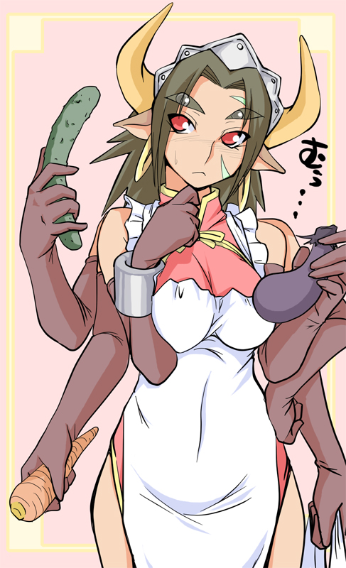 ruriwo (ruriwo1894), shiyuu (nijiura maids), futaba channel, nijiura maids, shinrabanshou, eyebrows, bad id, bad pixiv id, 1girl, animal ears, apron, brown hair, carrot, china dress, chinese clothes, cucumber, demon girl, dress, earrings, eggplant, elbow gloves, extra arms, female focus, gloves, hand on own hip, horns, jewelry, maid headdress, multi limb, red eyes, simple background, solo, sweatdrop, thinking