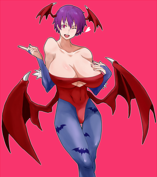 kon (kdash), lilith (darkstalkers), capcom, darkstalkers, 1girl, alternate breast size (larger), animal print, bare shoulders, bat print, bat wings, blowing kiss, breasts, cleavage, covered erect nipples, demon girl, detached sleeves, elbow gloves, female focus, gloves, head wings, heart, huge breasts, leotard, one eye closed, pantyhose, pink eyes, pointing, print pantyhose, purple hair, red eyes, red leotard, short hair, simple background, solo, wings, wink