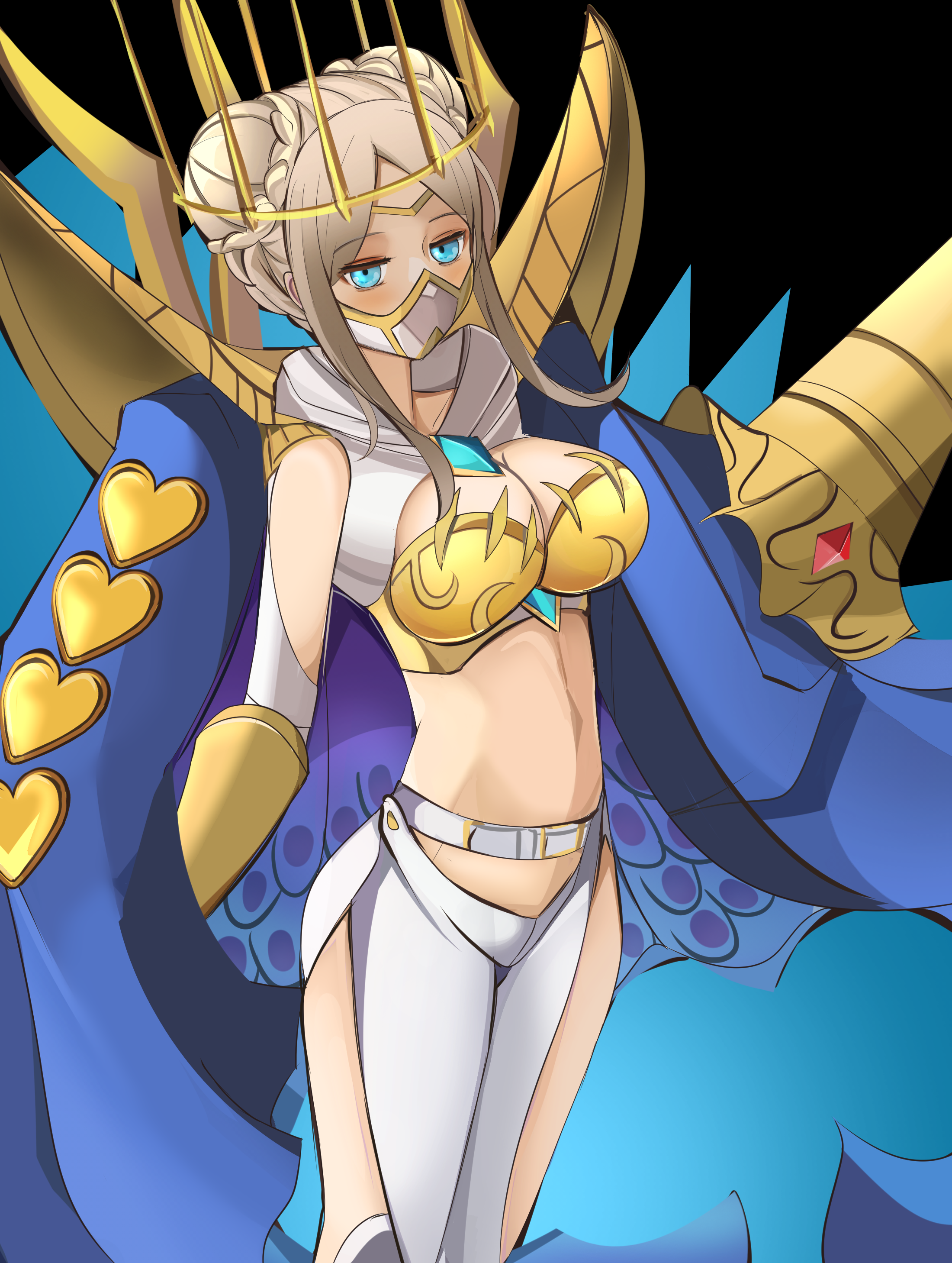 junomon, digimon, absurdres, commentary, highres, korean commentary, 1girl, armor, belt, black background, blonde hair, blue coat, blue eyes, blue gemstone, boobplate, braid, braided bun, breastplate, breasts, cleavage, clothing cutout, coat, coat on shoulders, covered mouth, crown, digimon (creature), dlddugks, double bun, gauntlets, gem, gold armor, gold crown, hair bun, half-closed eyes, heart, hood, hood down, hooded shrug, large breasts, looking at viewer, mask, midriff, mouth mask, navel, ninja mask, pants, parted bangs, shrug (clothing), sidelocks, simple background, solo, standing, thigh cutout, white belt, white mask, white pants, white shrug