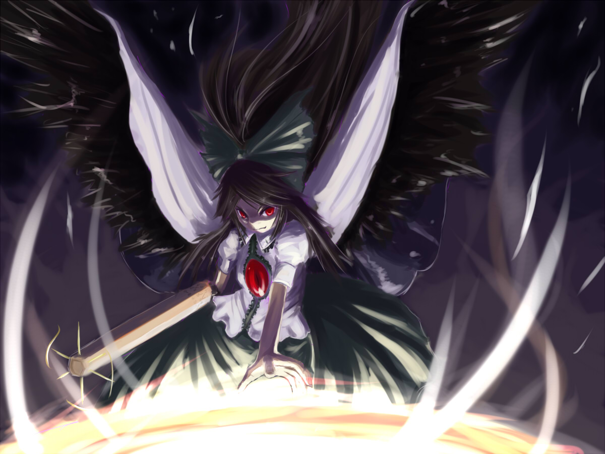 iru (konoheyaniou), reiuji utsuho, touhou, 1girl, arm cannon, black hair, bow, cape, female focus, hair bow, hair ribbon, long hair, red eyes, ribbon, solo, third eye, weapon, wings