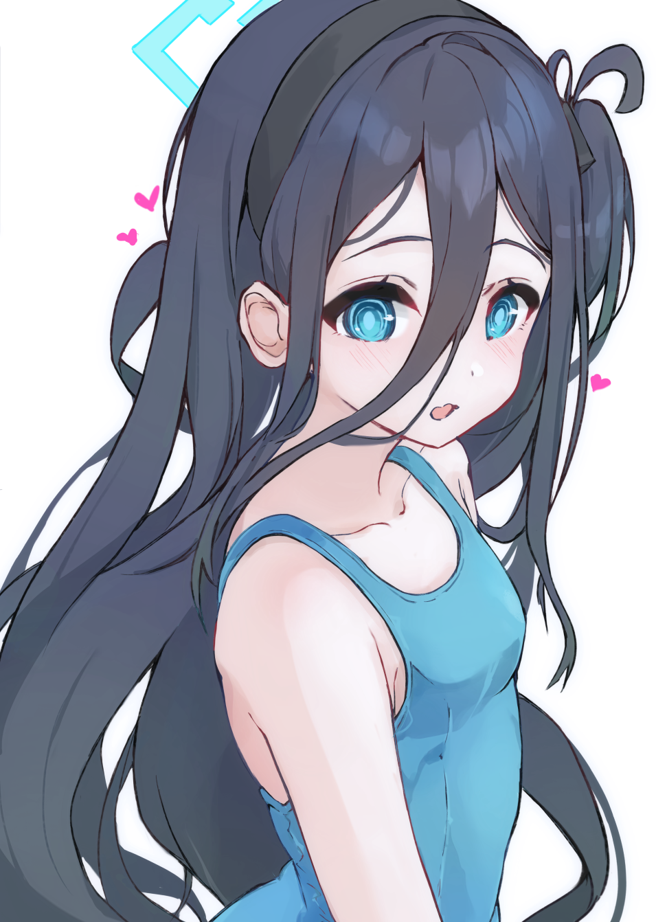 kenzuishi (pixiv1071422), aris (blue archive), blue archive, commentary request, highres, 1girl, alternate costume, bare shoulders, black hair, blue eyes, blue halo, blue one-piece swimsuit, breasts, from side, hair between eyes, halo, heart, long bangs, long hair, looking at viewer, looking to the side, one-piece swimsuit, open mouth, school swimsuit, simple background, small breasts, smile, solo, swimsuit, tareme, turning head, upper body, very long hair, white background