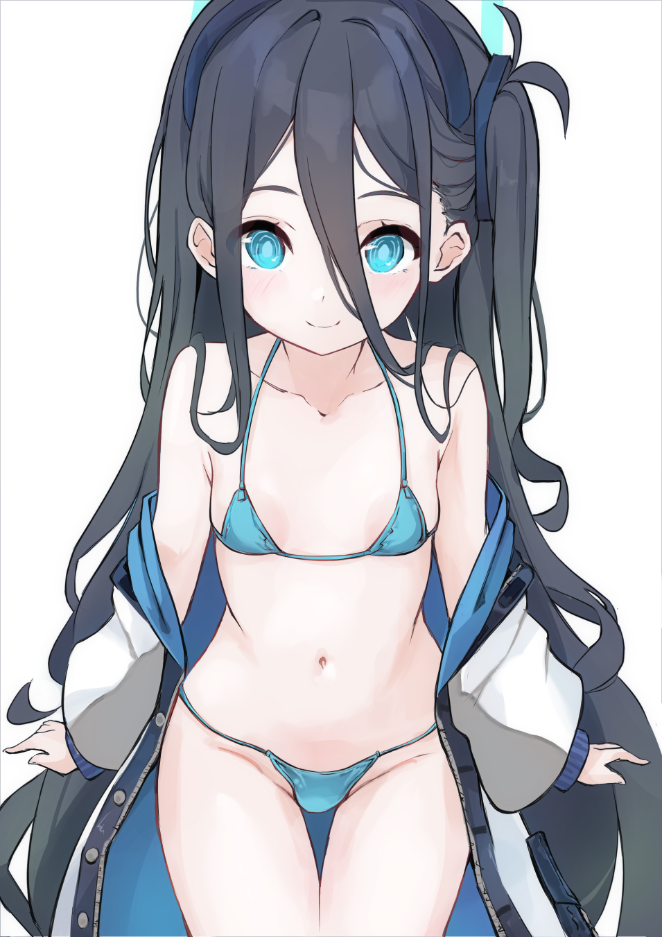 kenzuishi (pixiv1071422), aris (blue archive), blue archive, commentary request, highres, variant set, 1girl, alternate costume, bare shoulders, bikini, black hair, blue bikini, blue eyes, blue halo, breasts, closed mouth, clothes down, cowboy shot, groin, hair between eyes, halo, jacket, long bangs, long hair, looking at viewer, micro bikini, navel, open clothes, open jacket, simple background, small breasts, smile, solo, straight-on, swimsuit, tareme, thigh gap, very long hair, white background, white jacket