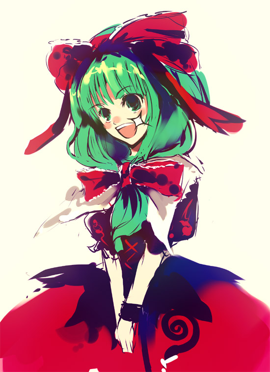 kagiyama hina, touhou, 1girl, female focus, front ponytail, green eyes, green hair, hair ribbon, long hair, matching hair/eyes, open mouth, ribbon, smile, solo