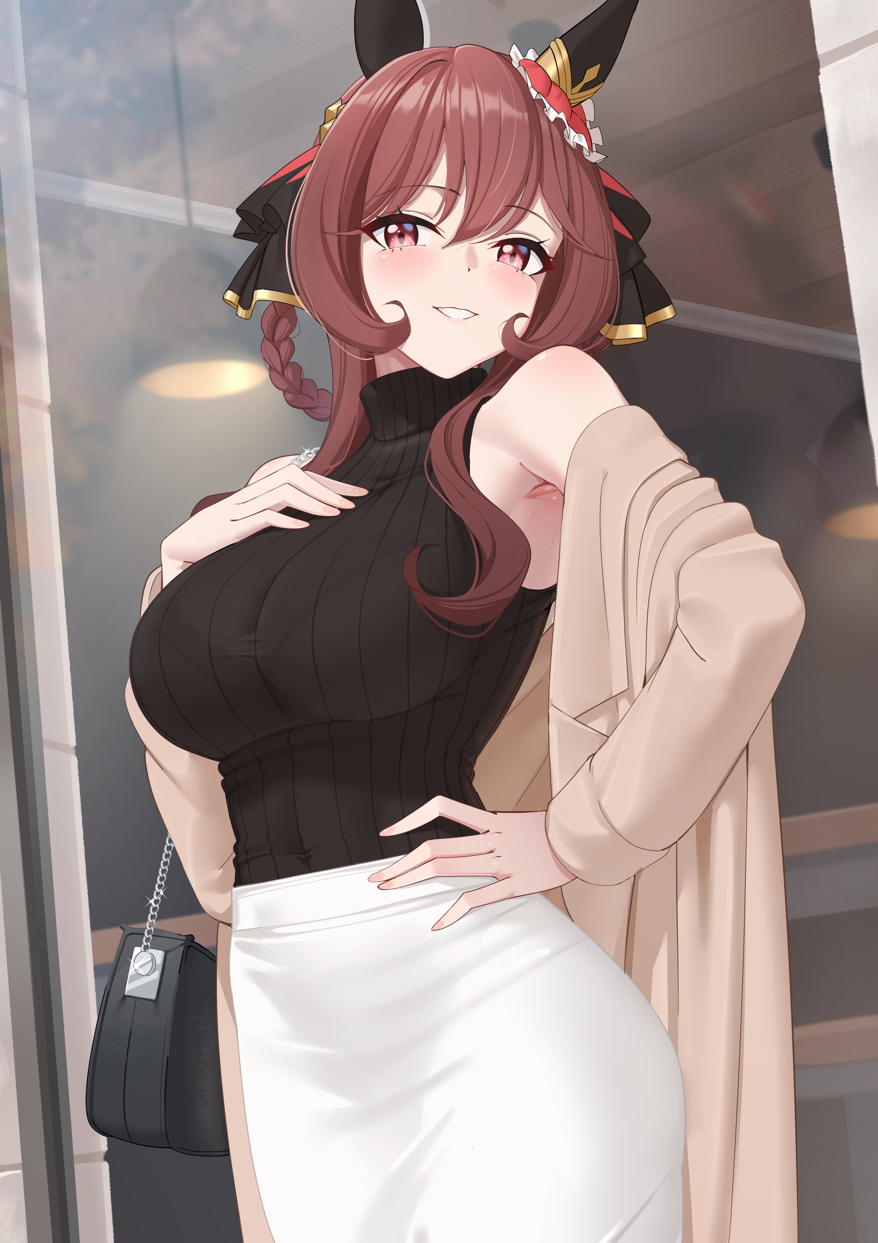 necropoi, gentildonna (umamusume), umamusume, absurdres, commentary, english commentary, highres, 1girl, animal ears, bag, bare shoulders, black bag, black shirt, braid, braided hair rings, breasts, brown hair, brown jacket, cowboy shot, ear ornament, grin, hair between eyes, hair rings, hand on own hip, hanging light, horse ears, horse girl, jacket, large breasts, long hair, looking at viewer, purple eyes, shirt, shoulder bag, skirt, sleeveless, sleeveless shirt, smile, solo, white skirt