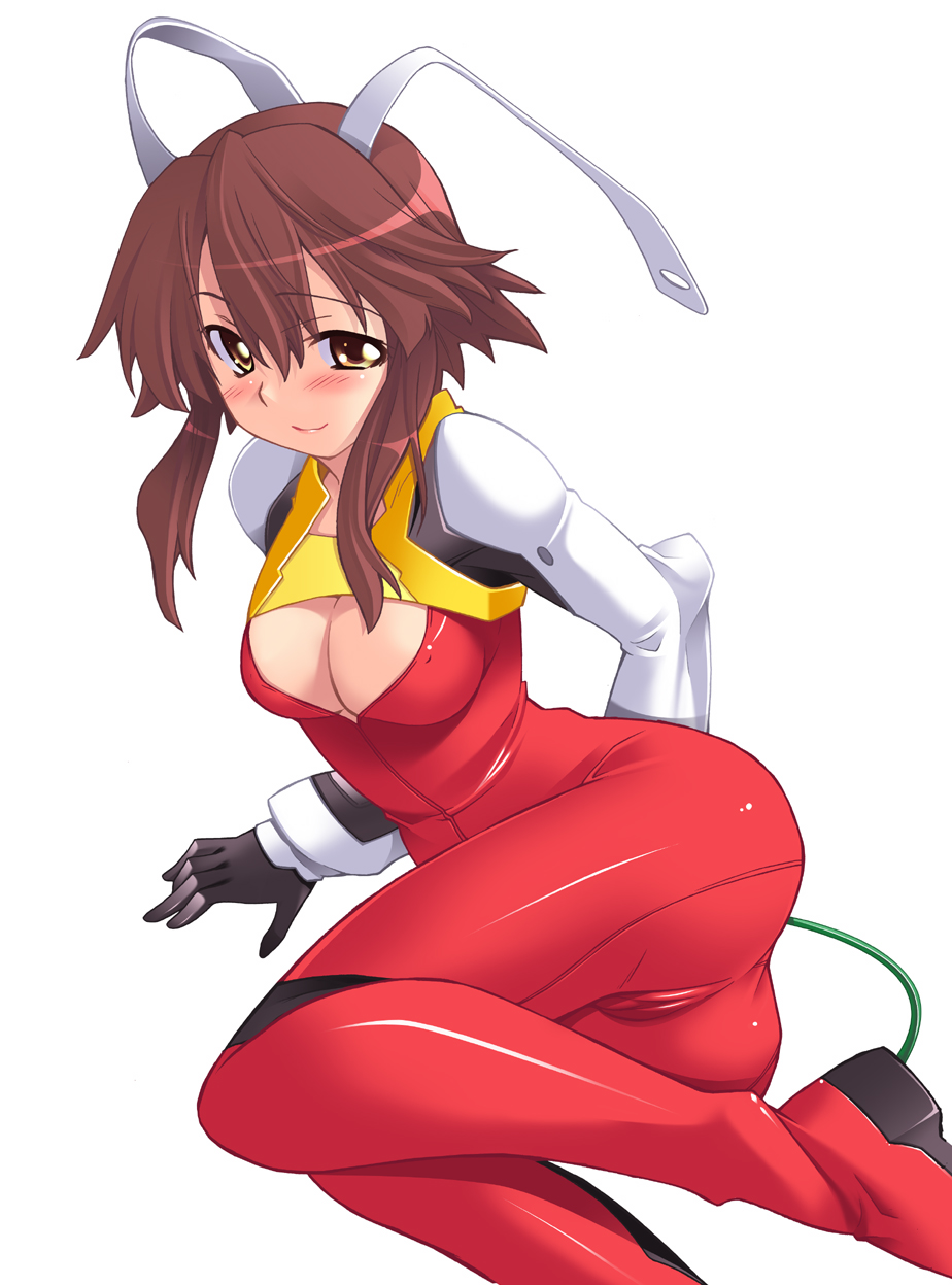 hozumi takashi, plug cryostat, fight ippatsu! juuden-chan!!, highres, 00s, 1girl, ass, blush, bodysuit, breasts, brown eyes, brown hair, cameltoe, cleavage, female focus, shiny clothes, simple background, smile, solo